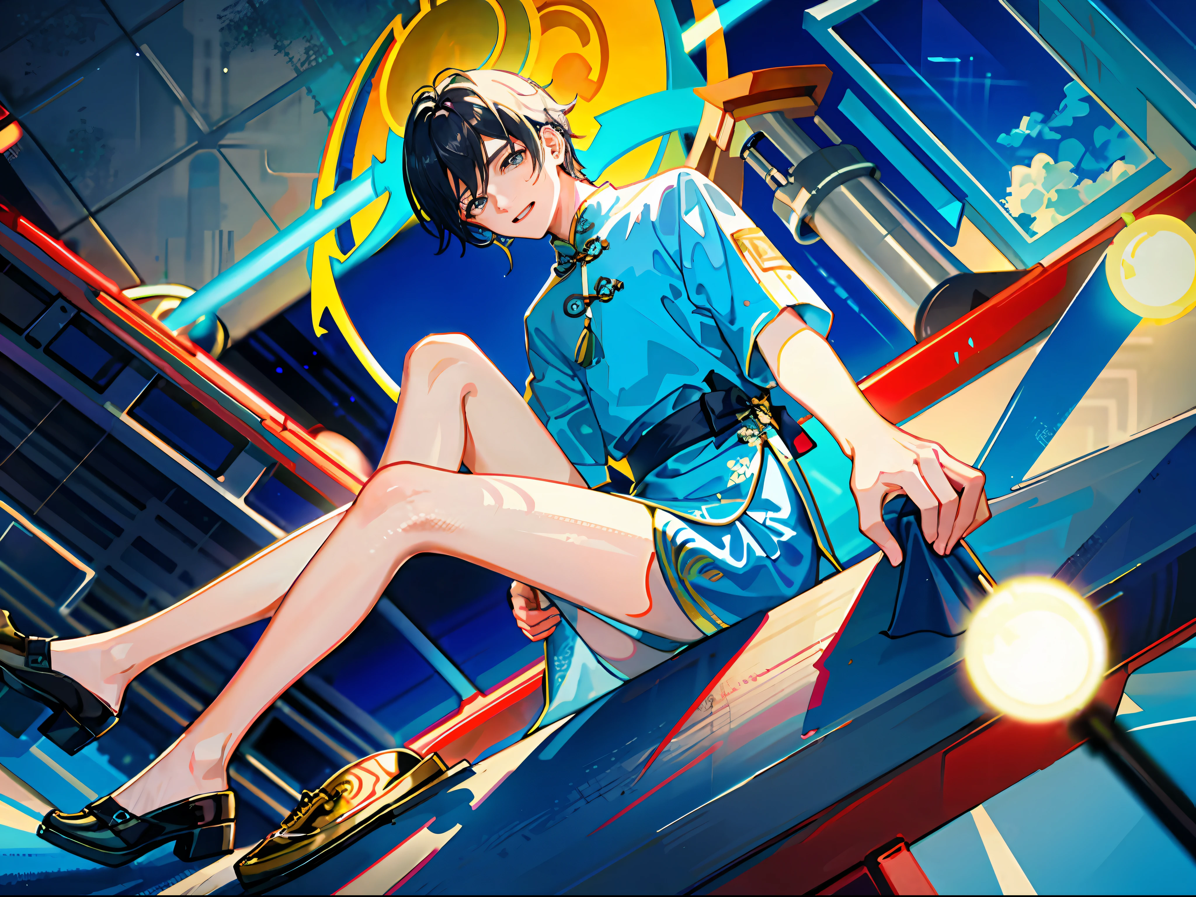 A young man of twenty years old, Wearing a blue cheongsam, standing on a playground,The expression is shy， In the daytime, in a panoramic view。