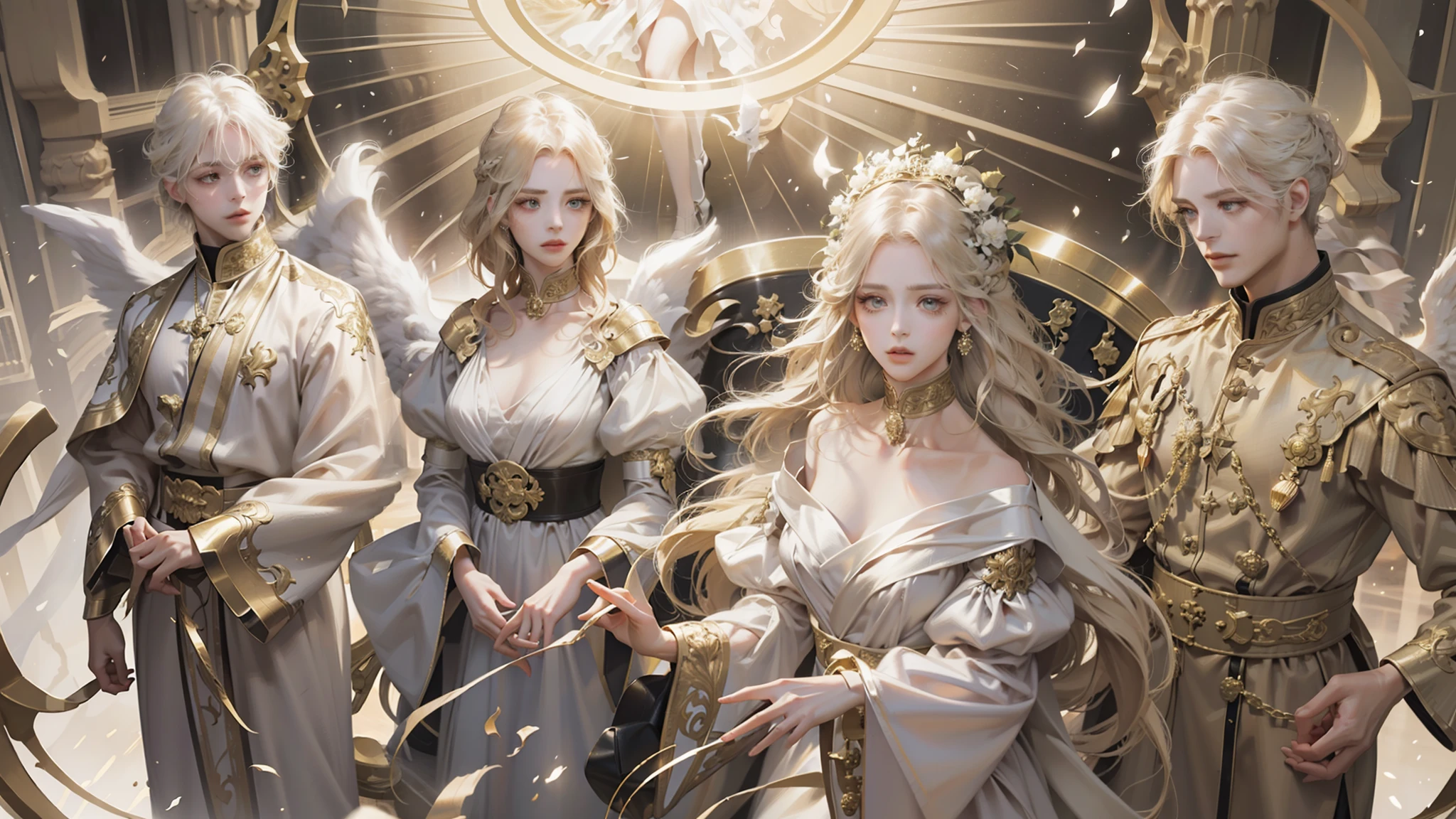 Four Angels。Circle of Angels。Beautiful fece。Premium Services。White costume。Golden hair color。Deities。exalted。hight resolution、Ultra-precise face。extremely detailed eye。fine portrayal。・((accuracy：1.7))。Depiction of fine hair。Light from above。（（（Transparent eyes。Transparent atmosphere））））white backgrounid。