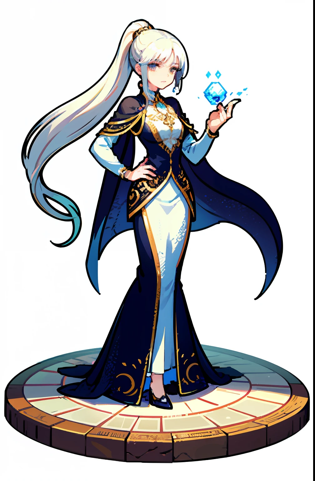 offcial art，品质最佳，finedetail，close-up all over the body，A beautiful white girl，Costumes for fantasy worlds,wearing a white skirt，Long white hair shawl，hair flowing，Very long ponytail，Manners are elegant，With a faint sad expression on his face，Floating in the air，Perfect figure。