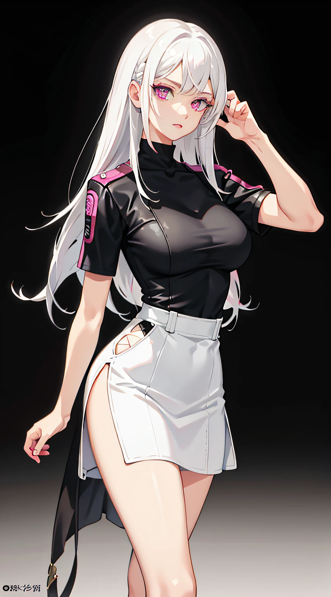 （1 female character，White color hair，Pink eyes，sportrait，Realisticstyle，Wear a leather tight skirt，Sideslit，Wallpapers，Color map）