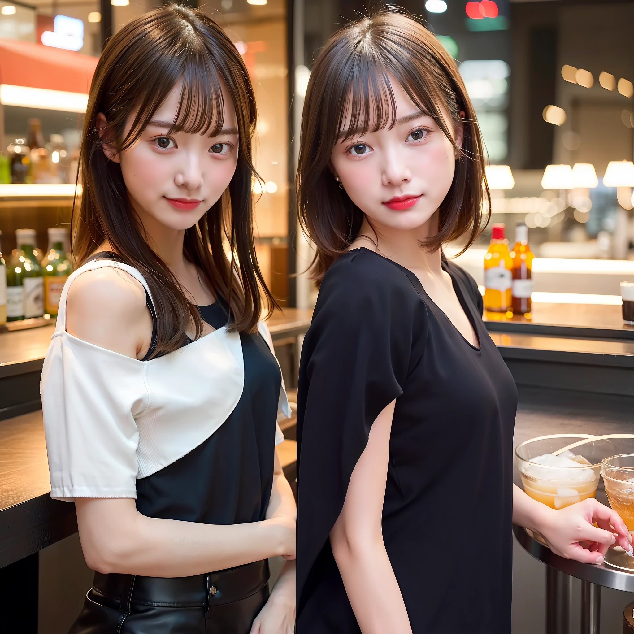 top-quality、​masterpiece、超A high resolution、(Photorealsitic:1.4)、Raw photo、1girl in、((tiny chest))、Black blouse、cold light、Night city、Long、a bar counter、dinner