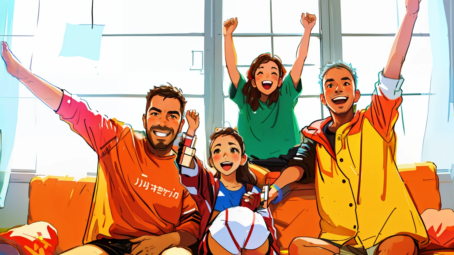 Four people sitting on the sofa，cheer，having fun，inside in room，wireframes，Thick strokes，handpainted，