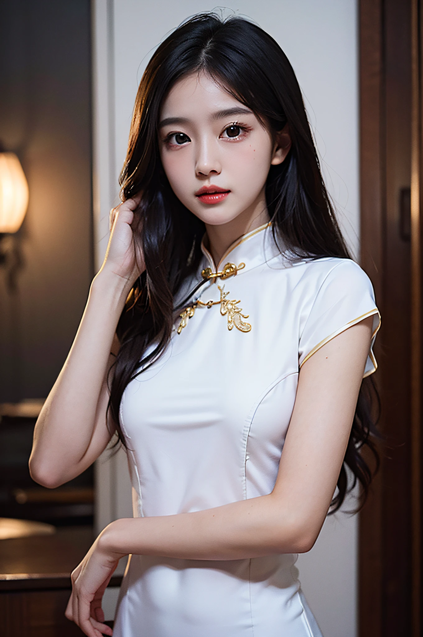 (Hyperrealistic,)4K,35mm,hyper-high detail, Professional lighting, Best quality, Ultra-high resolution, Visually stunning, (1girll:1.3), National style (on cheongsam),realskin,(Perfect body 1.3)Ultra-delicate face。