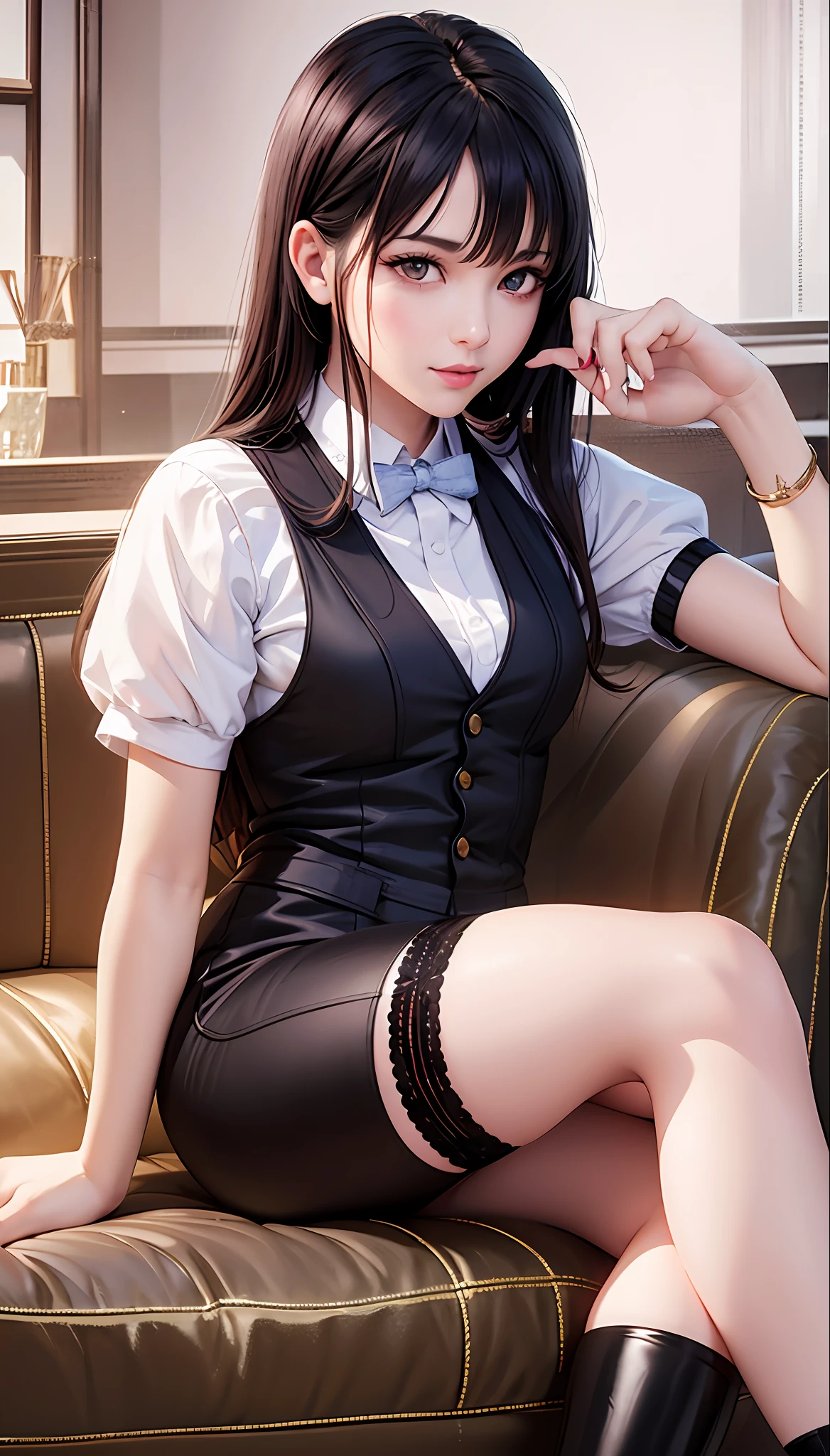 guweiz, artwork in the style of guweiz, guweiz masterpiece, loish and wlop, yanjun chengt, wlop loish and clamp style, wlop art, kawaii realistic portrait, the style of wlop, cute detailed digital art, stunning anime face portrait,((high quality)), ((masterpiece)), 8k, 1 boy, extremely detailed CG unity 8k wallpaper, looking at viewer, springy hair, about 15 years old, handsome without gender, white skin, black hair, Korean male hairstyle, wearing vest, shorts, stockings, boots, luxury apartment, noble, arrogant smile, light smile, beautiful like a doll, black dress, fighter, fine detailed eyes, detailed face, fine quality eyes, realistic lighting, backlight, face lights, ray tracking, cold, murky beauty, like a child, strangely beautiful eyes,light pink lips, sitting on sofa, red sofa, wine glass in hand, sitting cross-legged, noble girls as background, mysterious smile, cunning, full body