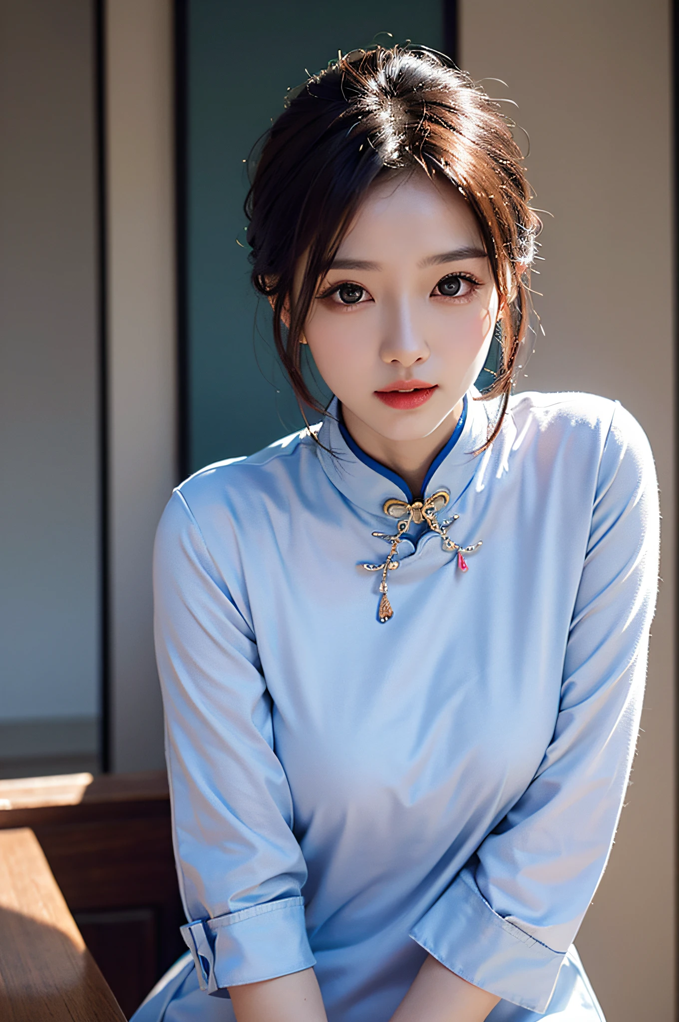 (Hyperrealistic,)4K,35mm,hyper-high detail, Professional lighting, Best quality, Ultra-high resolution, Visually stunning, (1girll:1.3), National style (on cheongsam),realskin,(Perfect body 1.3)Ultra-delicate face。