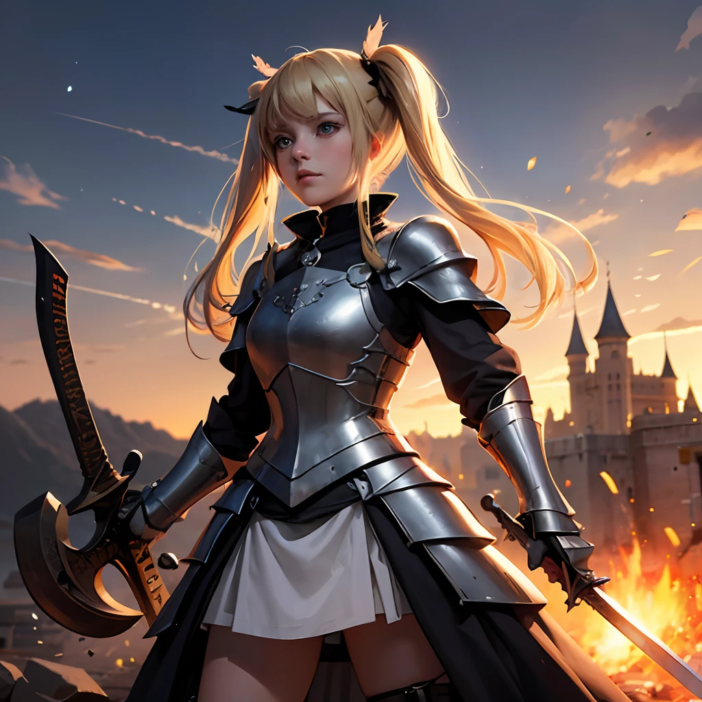 1 Girl  Medieval style armor Battlefield with castle Battle scene Double sword dual wielding loli girl blonde twin tails --auto