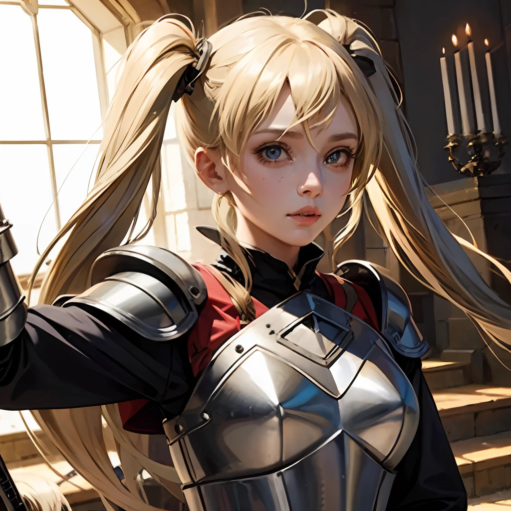 1 Girl 12 years old Medieval style armor Battlefield with castle Battle scene Double sword dual wielding loli girl blonde twin tails --auto