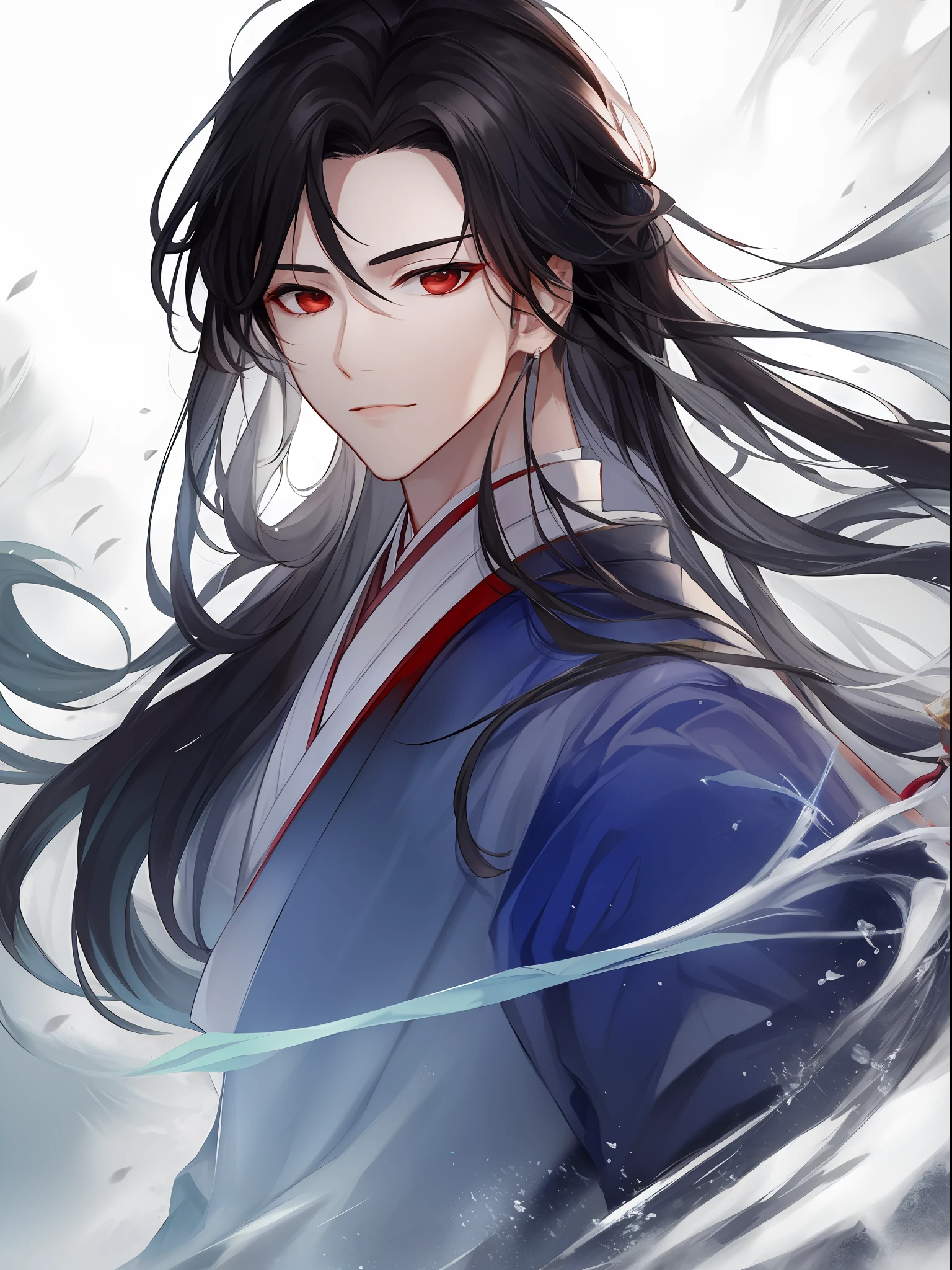 best quality,masterpiece,highres,cg, portrait, 1boy, light skin, long black hair, wearing dark blue chinese long hanfu style  novel Legend of Chu Liuxiang