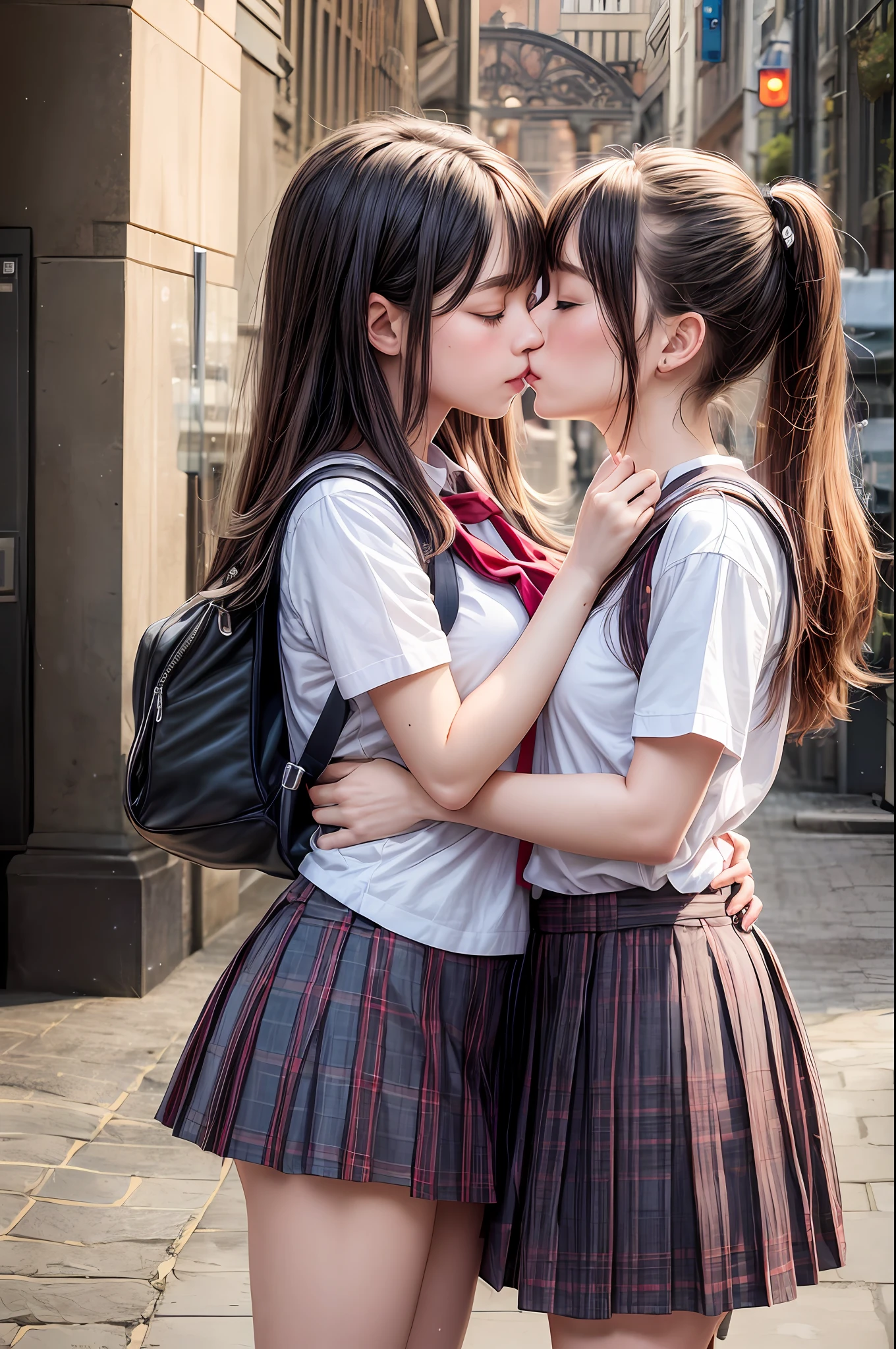 Two young women in uniform are kissing in the square, Yuri, Multiple girls, School uniform, Outdoors, kiss, Skirt, Long hair, Bag, serafuku, backpack, blush, neckerchief, Blonde hair, Black hair, shairband, Hair Ornament, hug, heart mark, Closed eyes, Pleated skirt, red neckerchief, Sailor collar, Shirt, White shirt, Short sleeves