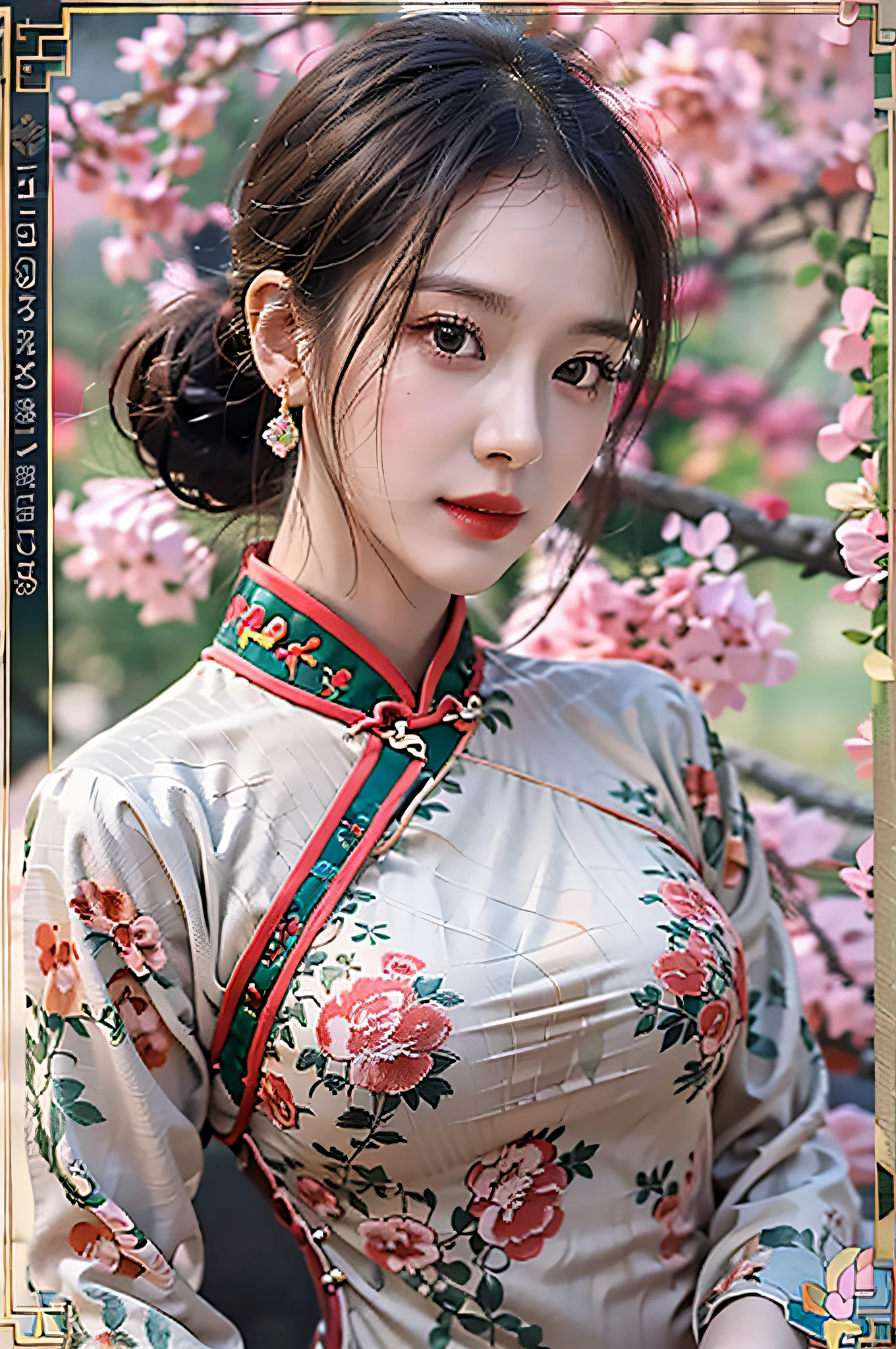 （Hyperrealistic,）4K,35mm，hyper-high detail, Professional lighting, Best quality, Ultra-high resolution, Visually stunning, (1girll:1.3), National style （on cheongsam）,realskin,（Perfect body 1.3）Ultra-delicate face。