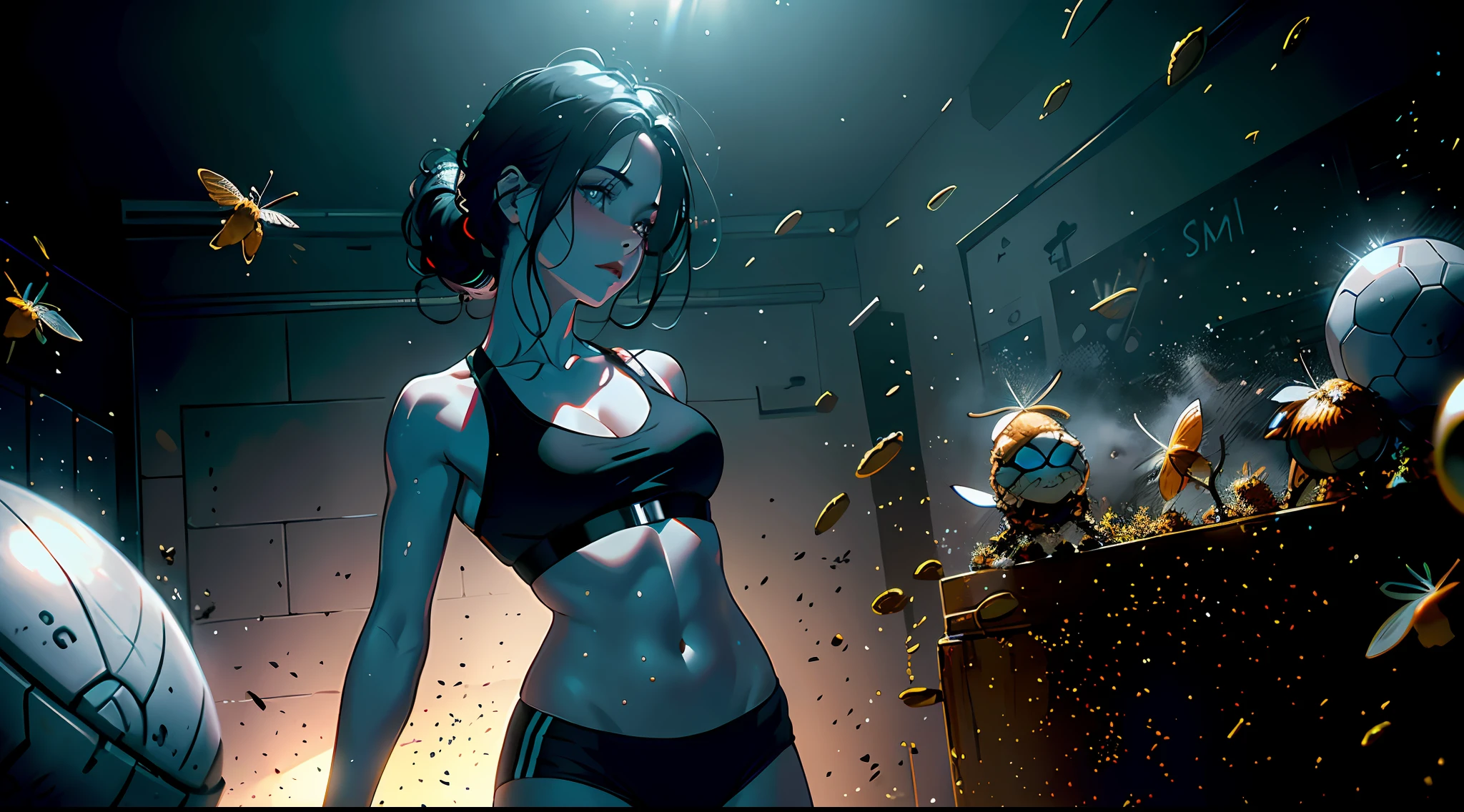 (foto realista tomada en un estudio oscuro), (toma de cuerpo medio completo), (20-year-old girl poses sexy in gym attacked by bees), mallas deportivas, Sports bra, hermoso rostro detallado, supermodelo, (cuerpo flaco y en forma: 1.1), smal boobs, pale-skin, cabello largo y rubio detallado, mucho maquillaje (piel brillante realista), obra maestra, mejor calidad, high resolution scan (foto de Canon 5d, lente ZEISS de 50 mm), proporciones de reloj de arena (8k uhd, hdr, dof ), (Professional color graduation), foco nítido, edge lighting, dim lighting, two tone lighting, oscuro,