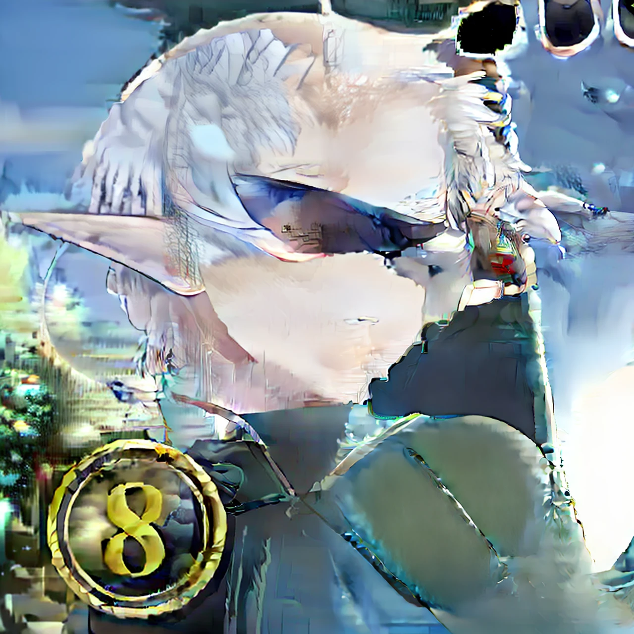 Close-up of a man wearing sunglasses and a green cape, last exile, Today's featured anime stills, From Arknights, pixiv daily ranking, a male elf, he wears an eyepatch, 8 k character details, An anime cover, last exile anime, there were eight anime people, elven character with smirk, silver monocle, Best Rated on pixiv
