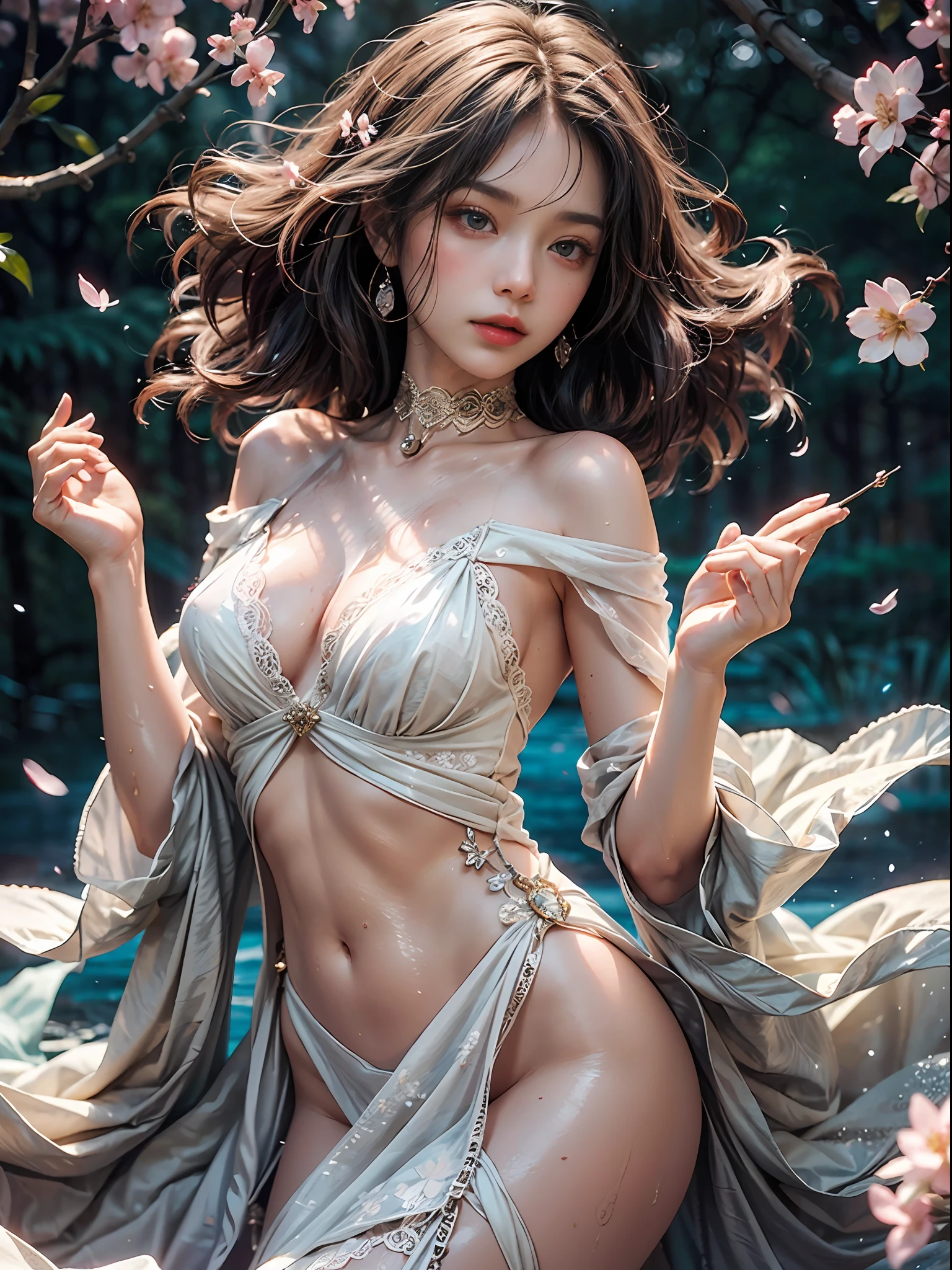 loose outfit、Show shoulders、See-through dresses in pastel colors、How to wear a pastel gown、Decorated with intricate patterns and bright colors、Transparent material that makes the skin shine、Artistic depiction of seductive woman in gown with wet thin cloth and transparent skin, Floral and fantastic pattern with flowing silky traditional see-through skin。Her dress draped elegantly around her curvaceous figure、Emphasizes her charming silhouette。She's a gentle fireworks night、Dynamic Posing、Sexy Posing、bathed in the soft glow of moonlight。The scene is、With a hint of mystery and sensuality、It exudes an ethereal dreamy atmosphere。The image style is、Incorporates a blend of watercolor and digital illustration techniques.、It makes you feel delicate beauty and charm。Soft moonlit lighting、Cast gentle highlights and shadows on her mesmerizing features。Dynamic Posing、Bold poses、The hand is somewhere、see -through、show through、A sexy、Wet hair、Wet、（cherry trees、flower petals、cherryblossom、The cherry tree、Sakura Snowstorm 1.5）、buried、Transparent skin、Wet clothes、（Chest 1.2）、Navel Ejection、Swaying in the wind、Burgundy、pale red、（Slouch 1.5）、Lace colors、lace choker、a choker、Lie on your back on the surface of the water、