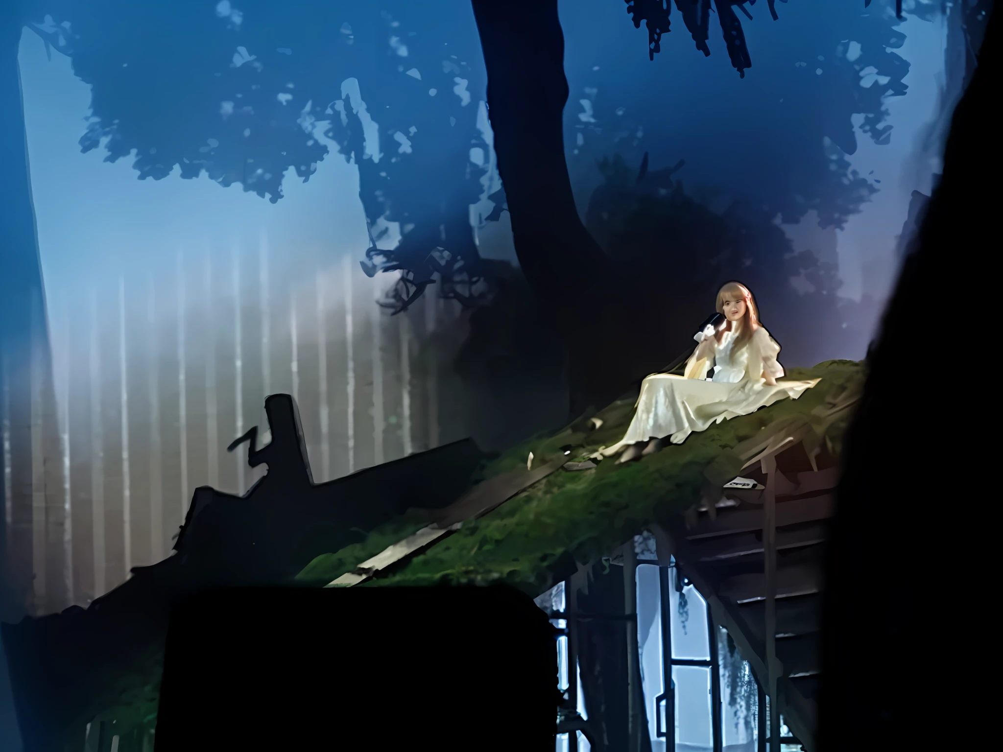 Taylor swift holding a microphone, laying on top of an abandoned dilapidated shack with moss, forest, landscape, wearing long flowing white dress, (Highly Detailed, HD), 8k, high res, dramatic lighting, sharp focus, depth of field, masterpiece, best quality, 3d, photorealistic, high quality textures
