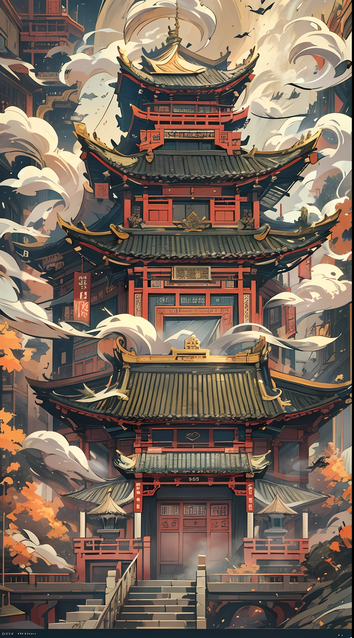 A photo of an Asian building,Smoke comes out of it, In the style of 2D game art, dark white and light gold, chinapunk, functionality emphasis, Faith-inspired art, Animated actions, Historical themes,32k uhd, best quality, masterpiece, super detail, high details