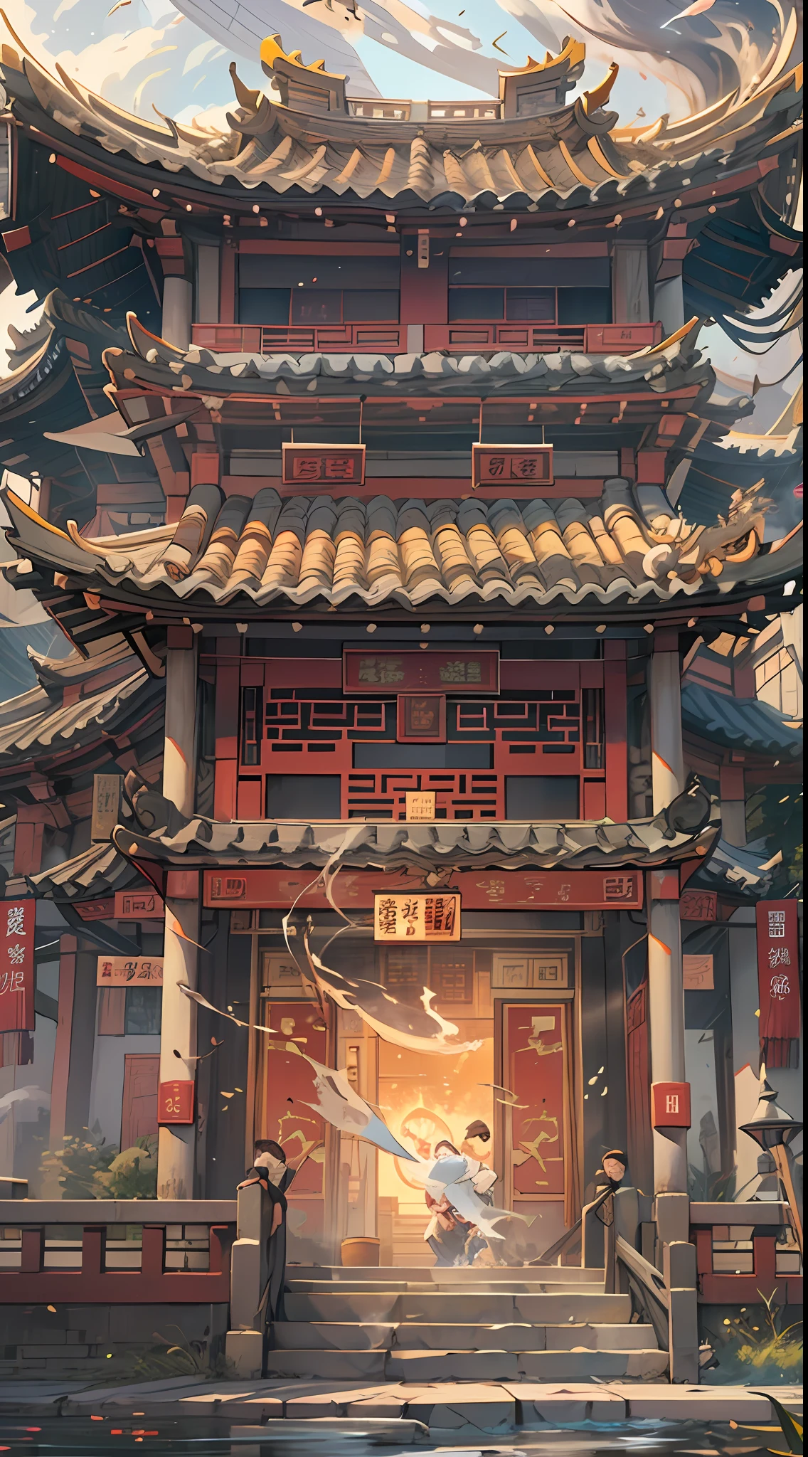 A photo of an Asian building,Smoke comes out of it, In the style of 2D game art, dark white and light gold, chinapunk, functionality emphasis, Faith-inspired art, Animated actions, Historical themes,32k uhd, best quality, masterpiece, super detail, high details