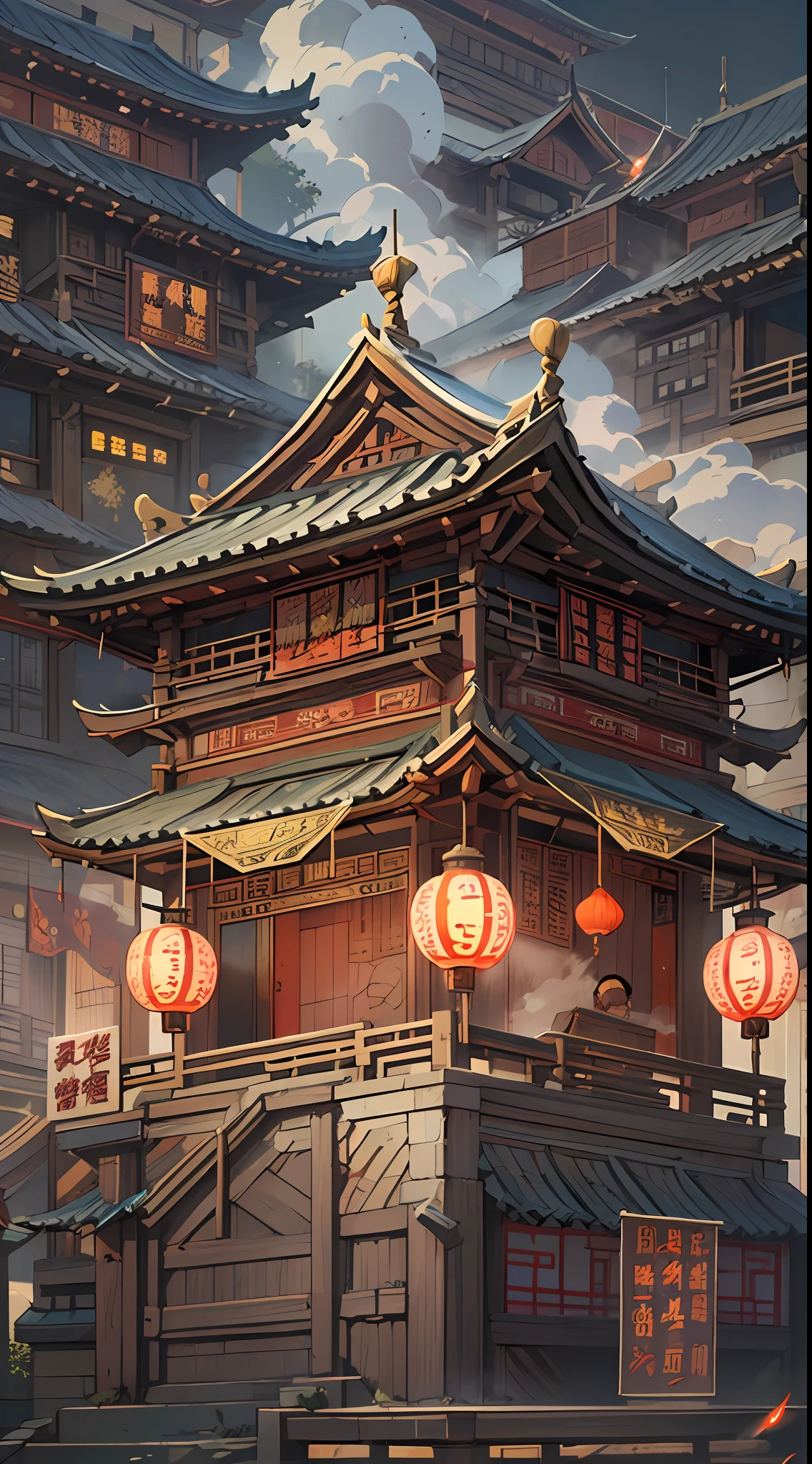 A photo of an Asian building，Smoke comes out of it, In the style of 2D game art, dark white and light gold, chinapunk, functionality emphasis, Faith-inspired art, Animated actions, Historical themes