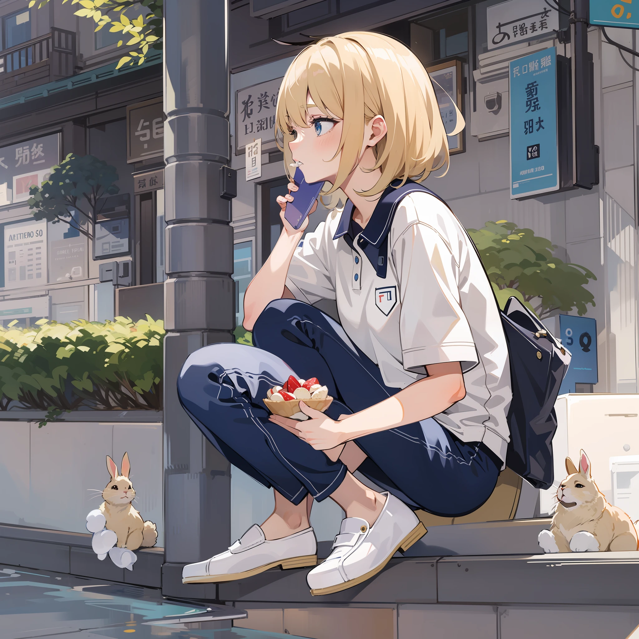 Become a woman。Female with rabbit ears。Blonde short-haired woman。Wearing a white polo shirt and dark blue pants、Eating crepes、I'm on the street of the building。It is an anime-style illustration。Beautiful with the best image quality