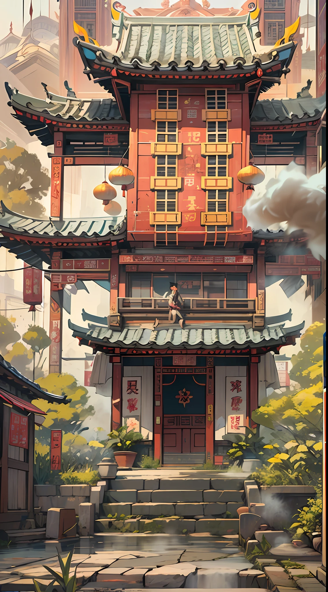 A photo of an Asian building，Smoke comes out of it, In the style of 2D game art, dark white and light gold, chinapunk, functionality emphasis, Faith-inspired art, Animated actions, Historical themes