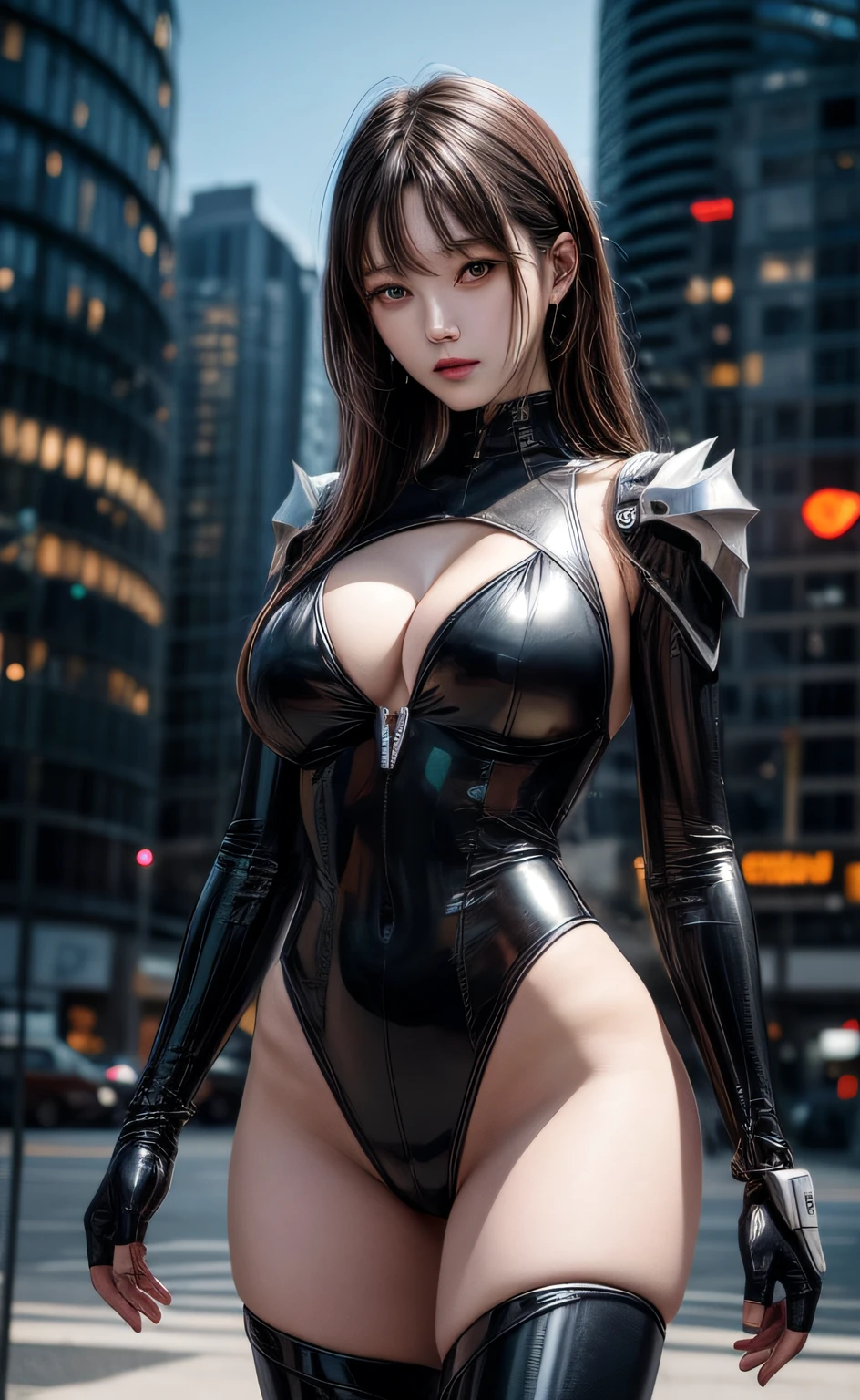 delicated face， 20-year-old Kpop idol{cyborg people}Kizi， （Carbon fiber cyborg body）， Carbon fiber body， {{angled bob}}， （huge tit：1.15）， （Mechanical joints）， By bangs， captivating curves， mid pelvis， beachside， stand posture， sea beach， Glowing skin， （（puffynipple））， （high legs， legs that open， camel-toe， Carmelto， Vulvar shape：1.25）， （cyber punk perssonage， sci-fy：1.2）， [[luminous neon lights]]]， （The upper part of the body：1.15）， （8k， RAW photos， best qualtiy， tmasterpiece：1.45），