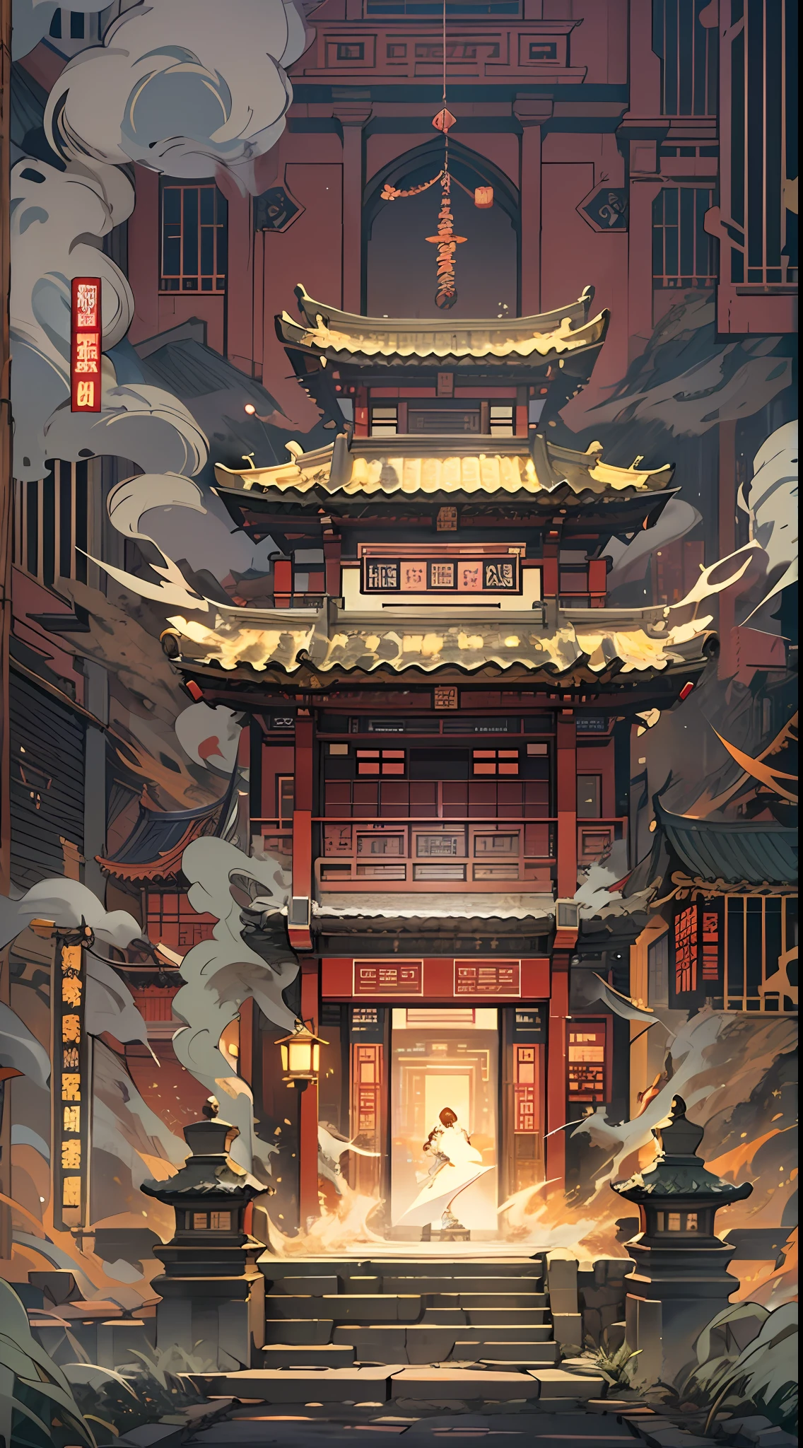 A photo of an Asian building，Smoke comes out of it, In the style of 2D game art, dark white and light gold, chinapunk, functionality emphasis, Faith-inspired art, Animated actions, Historical themes