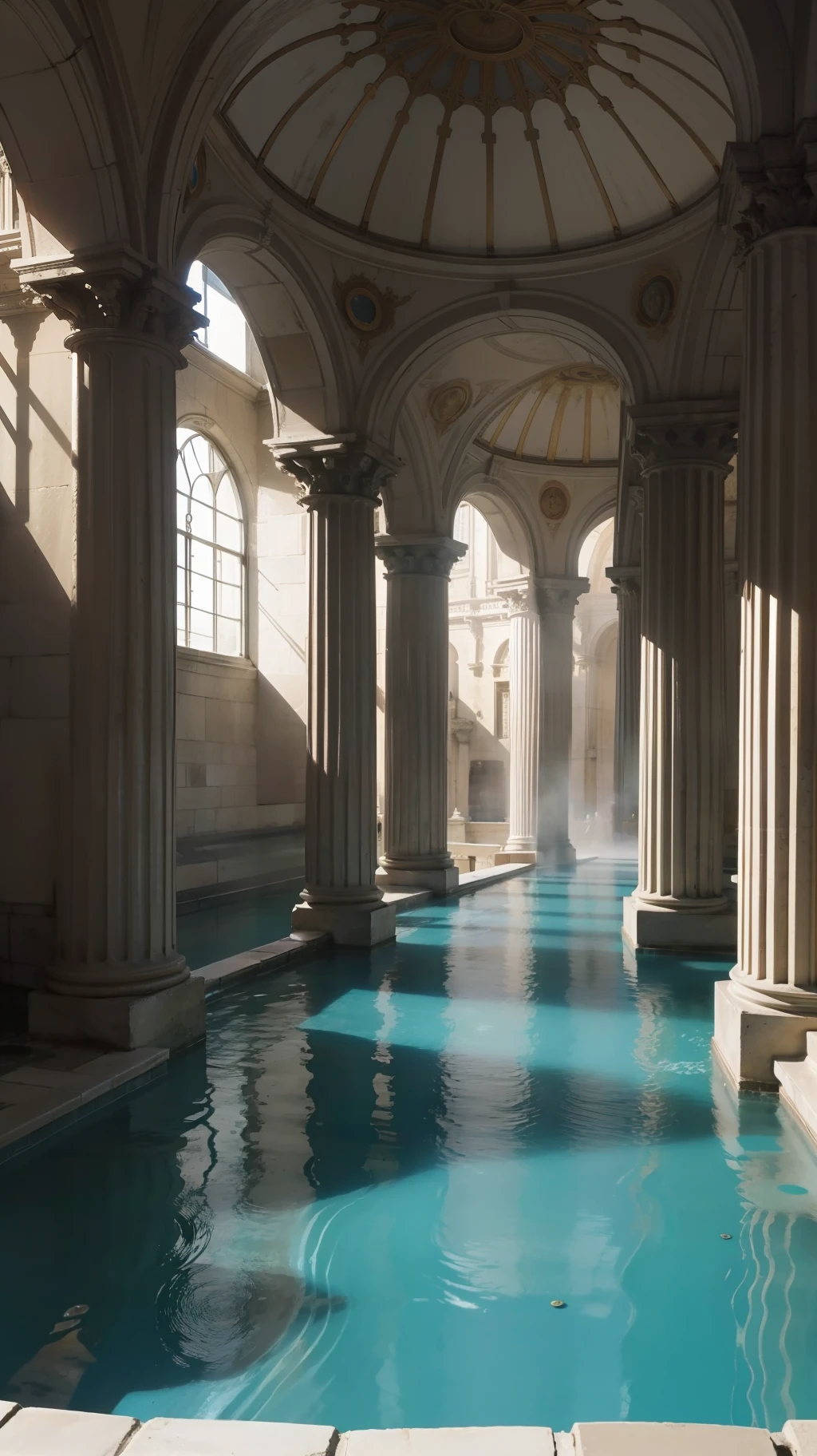 Endless Roman baths，The scene is empty，Threshold space，Water mist