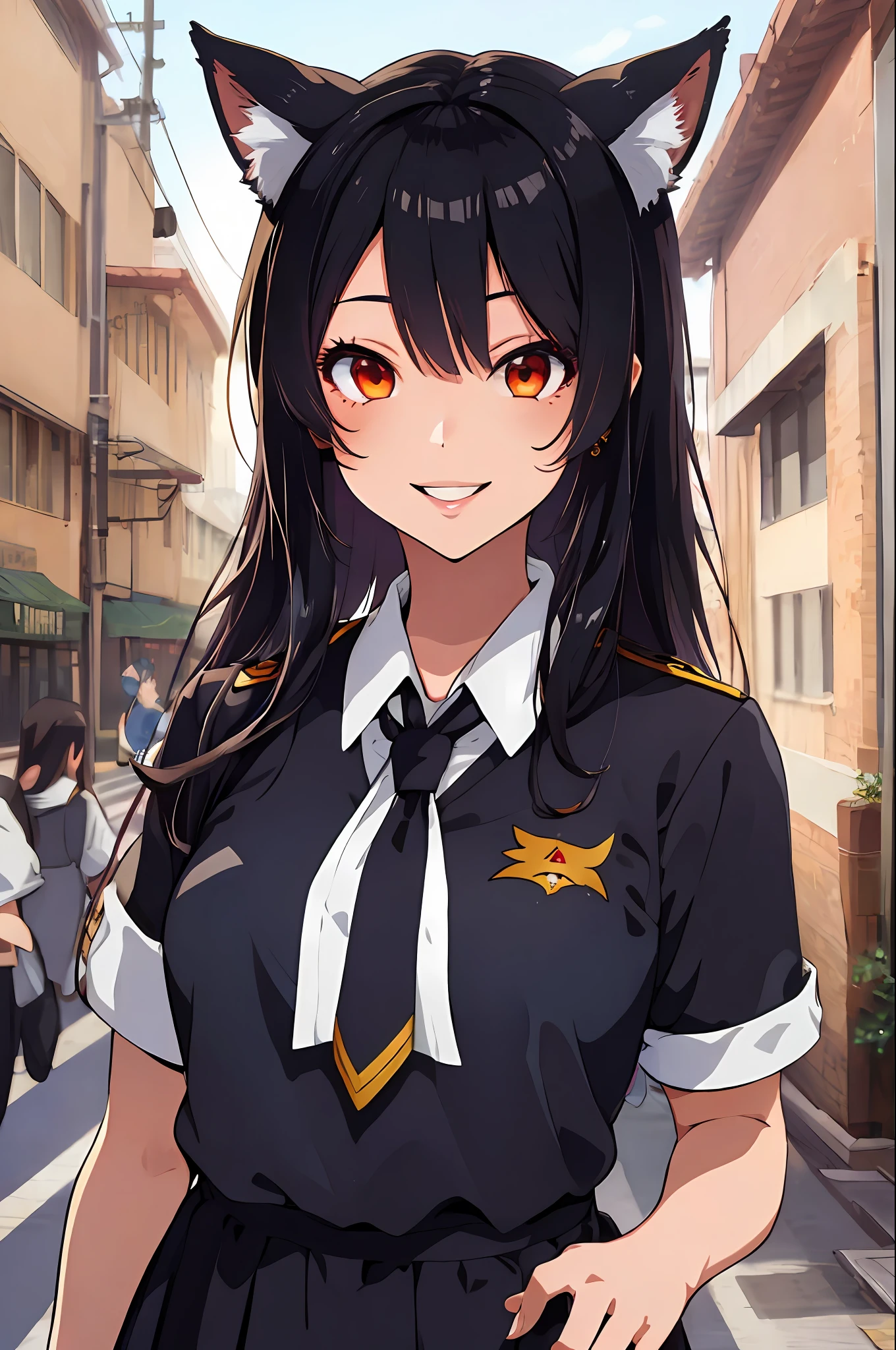 (Masterpiece:1.2), (Best Quality:1.2) 1Girl, long eyeslashes, Anime style, perfect faces, Full Lips, Smile, ahri, Black hair, The Fox Woman, Fox Ear, school uniformss, Big, Exposing, dad