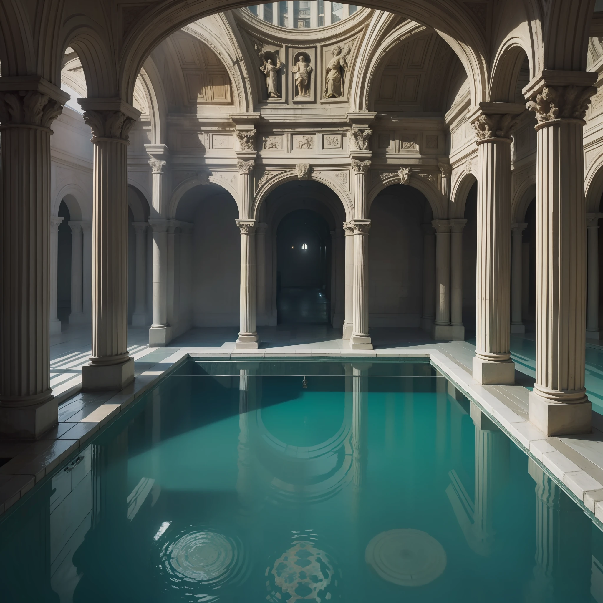 The endless Roman Baths,The scene is empty,Threshold space,Water mist