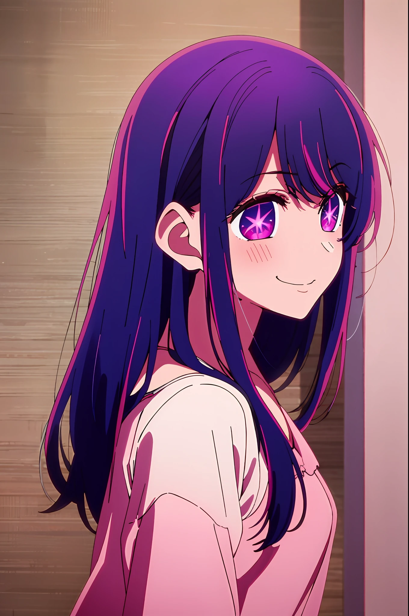 ​masterpiece、ighly detailed、(1 girl in:1.2)、purple color  hair、pink  dress、big eye、a closeup、a smile、8K 、Ai Hoshino、Live performance venue