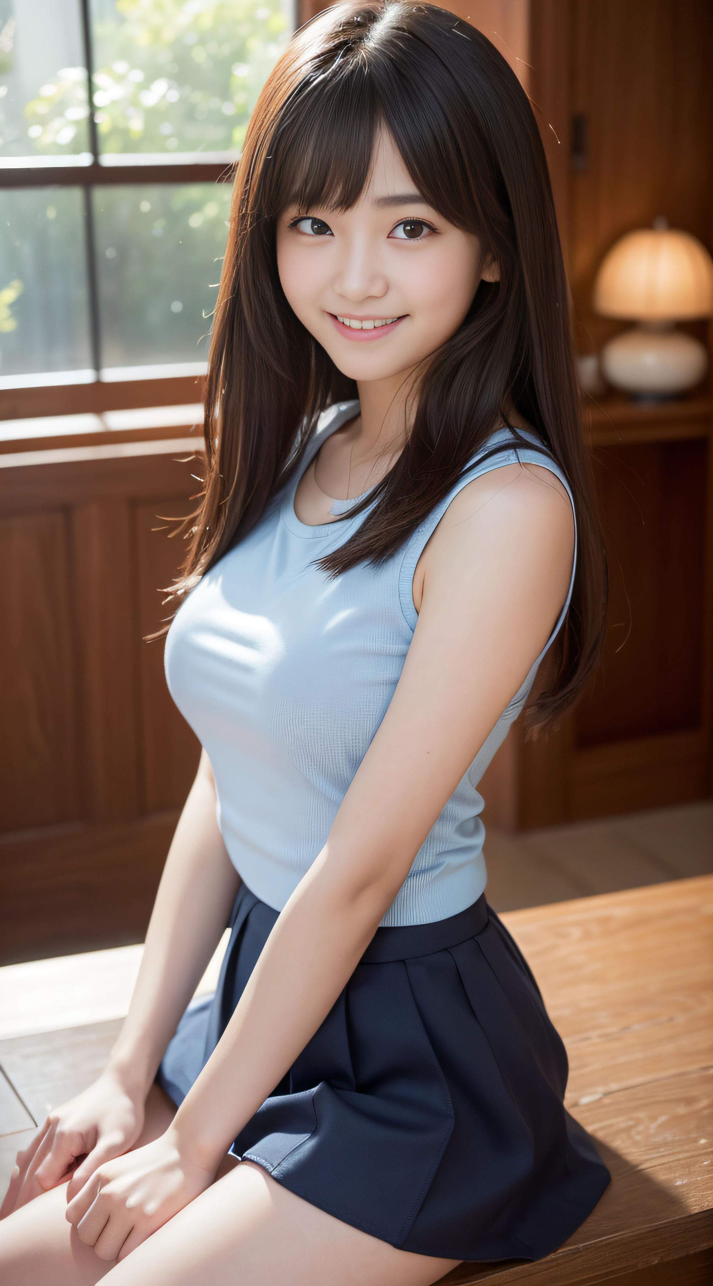 8K、top-quality、​masterpiece:1.2)、(reallistic、Photorealsitic:1.37)、The ultra-detailliert、sixteen years old、High school students、校服、cute little、(a smile:1.1)、、beautidful eyes、(Long)、Tank tops、huge tit、valley、The upper part of the body