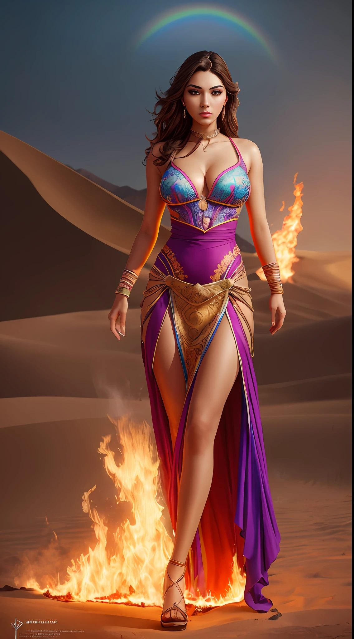 create Mariana Davalos in Full body photography of the most beautiful artwork in the world, a beautiful woman in intricate costume burning in the desert, rainbow colors, ArtStation, CGSociety, complex, high detail, clear focus, dramatic, realistic pictorial art trends Greg Rutkovsky --auto