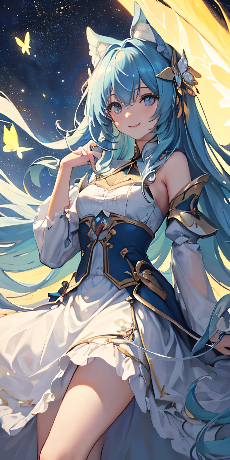 (((((Best quality))))), {1 girl}, ((Masterpiece)), (A high resolution), offcial art, ((((starrysky))), ((((Masterpiece))), (Floating long hair, long and flowing hair), ((( Masterpiece, Best quality, Ultra-detailed)))), whair, { (((Os amigos)))}, Floating, skylines, Beautiful dress, Night, starrysky, sky, Butterfly, stars, dream magical, Birds, Shiny seat, From below, Luminous geometry, Smile, Masterpiece