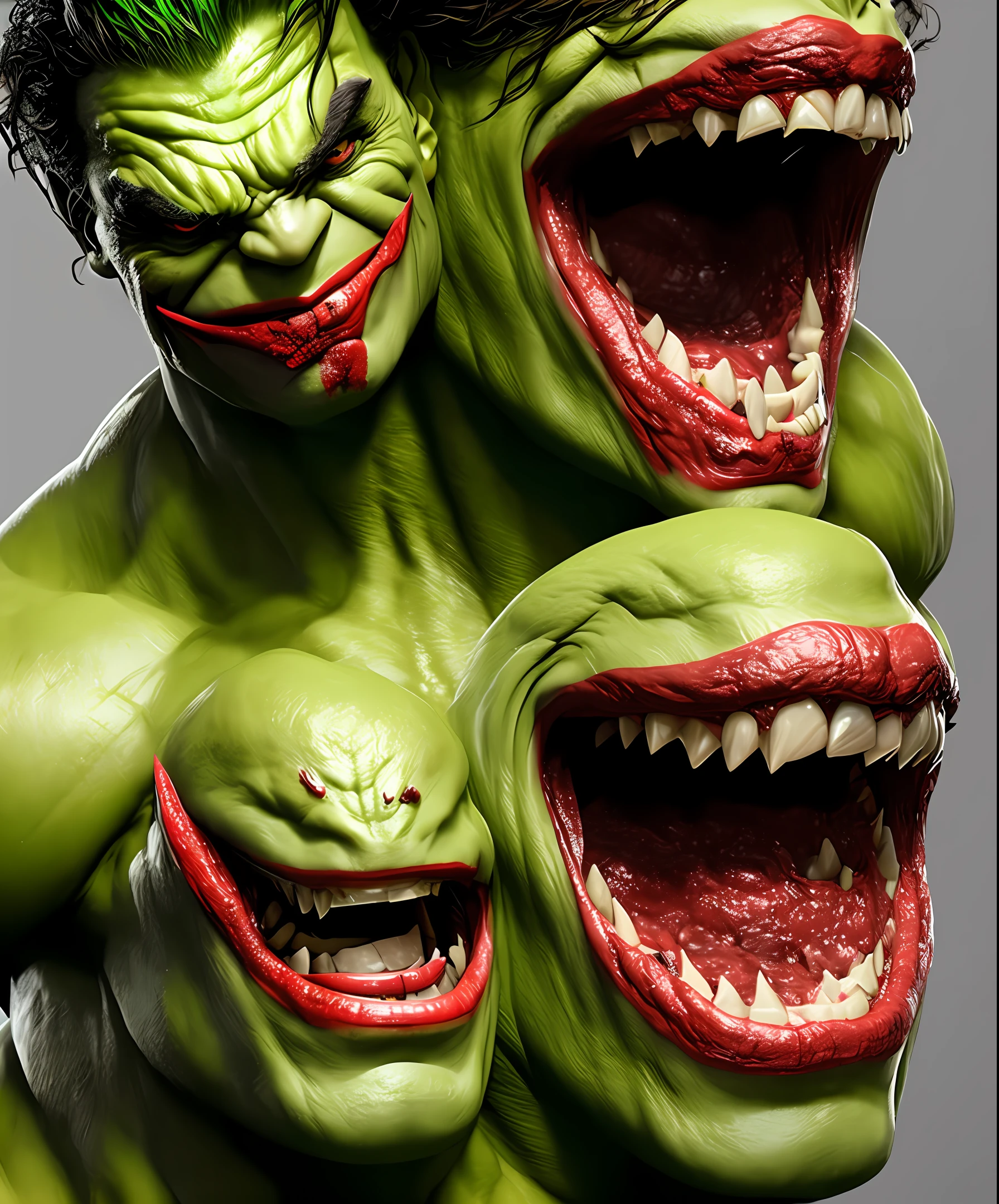Hulk, joker version, blood, scary face, sharp teeth, hyper realistic, 8k, slimy body