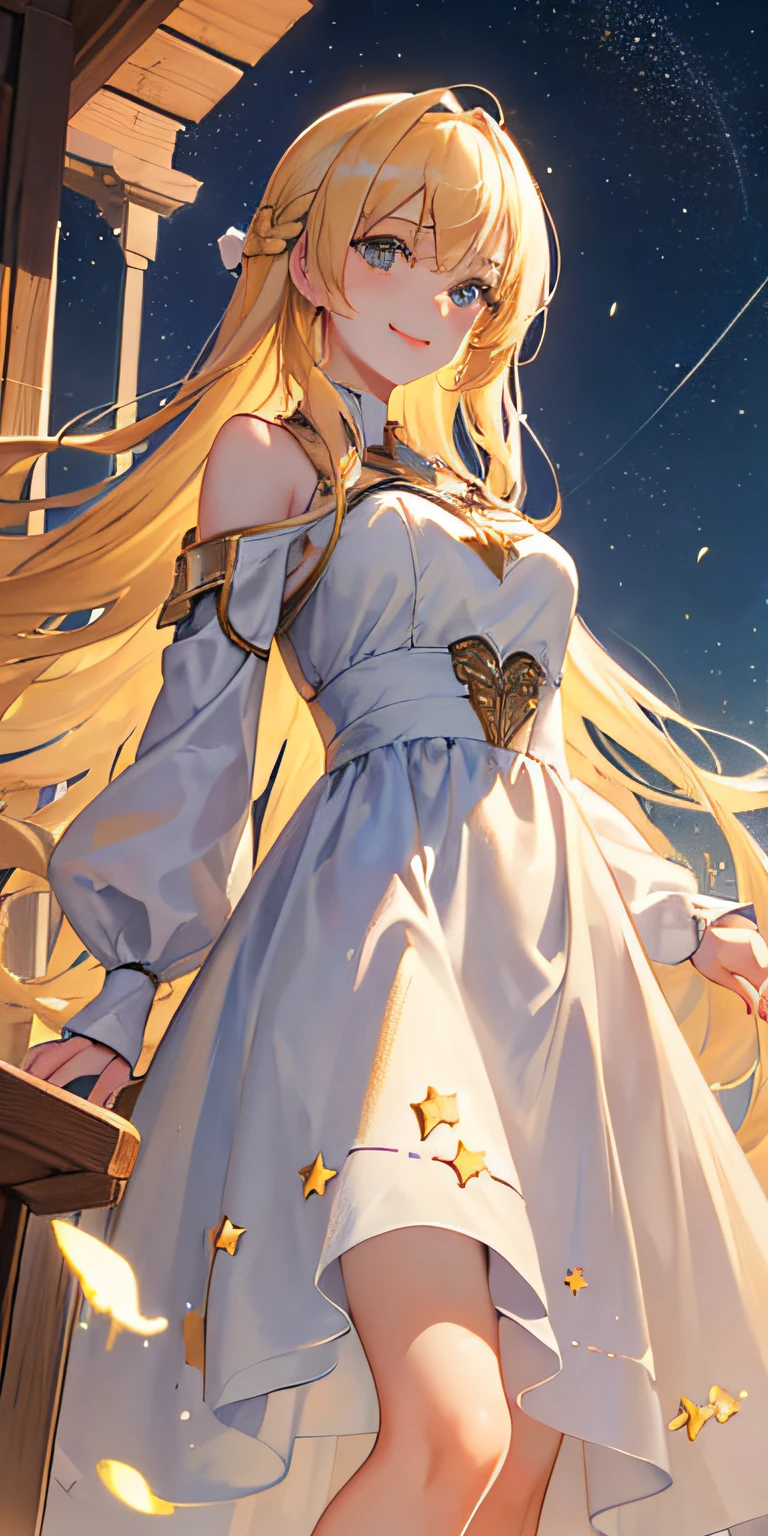 (((((Best quality))))), ｛1 girl｝, ((Masterpiece)), (A high resolution), offcial art, ((((starrysky))), ((((Masterpiece))), (Floating long hair, long and flowing hair), ((( Masterpiece, Best quality, Ultra-detailed)))), whair, ｛ (((Os amigos)))｝, Floating, skylines, Beautiful dress, Night, starrysky, sky, Butterfly, stars, dream magical, Birds, Shiny seat, From below, Luminous geometry, Smile, Masterpiece