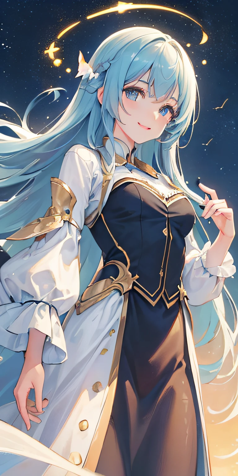 (((((Best quality))))), {1 girl}, ((Masterpiece)), (A high resolution), offcial art, ((((starrysky))), ((((Masterpiece))), (Floating long hair, long and flowing hair), ((( Masterpiece, Best quality, Ultra-detailed)))), whair, { (((Os amigos)))}, Floating, skylines, Beautiful dress, Night, starrysky, sky, Butterfly, stars, dream magical, Birds, Shiny seat, From below, Luminous geometry, Smile, Masterpiece