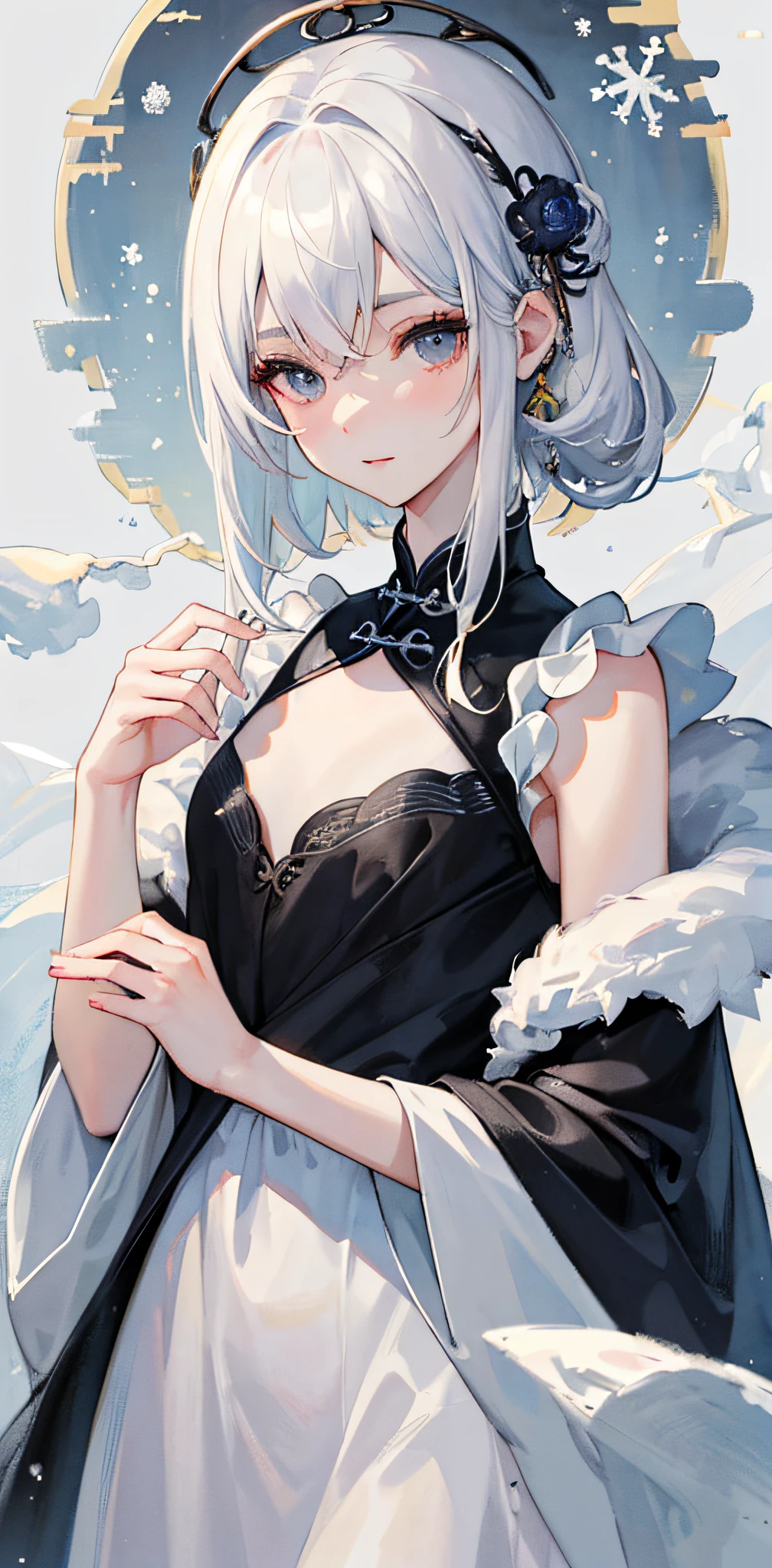 Masterpiece, White hair, aquarelle, (Lady), Medium hair, Good shape, tmasterpiece, Best quality, Detailed clothes, (Beautiful absolutely detailed dress, a pregirl), 1girll, Detailed face, 8K wallpaper, An extremely meticulous and beautiful girl, 美丽细致的眼睛, Same eyes, extremely detailed figure, Wash the bedding with colored ink, (Color splattering), (Colorful), (Chinese ink painting), flower, hair between eye, Across the state, Cowboy shot, Beautiful dress, Black eyes, (Snow background:1.2), Small breasts, on cheongsam, Flat chest