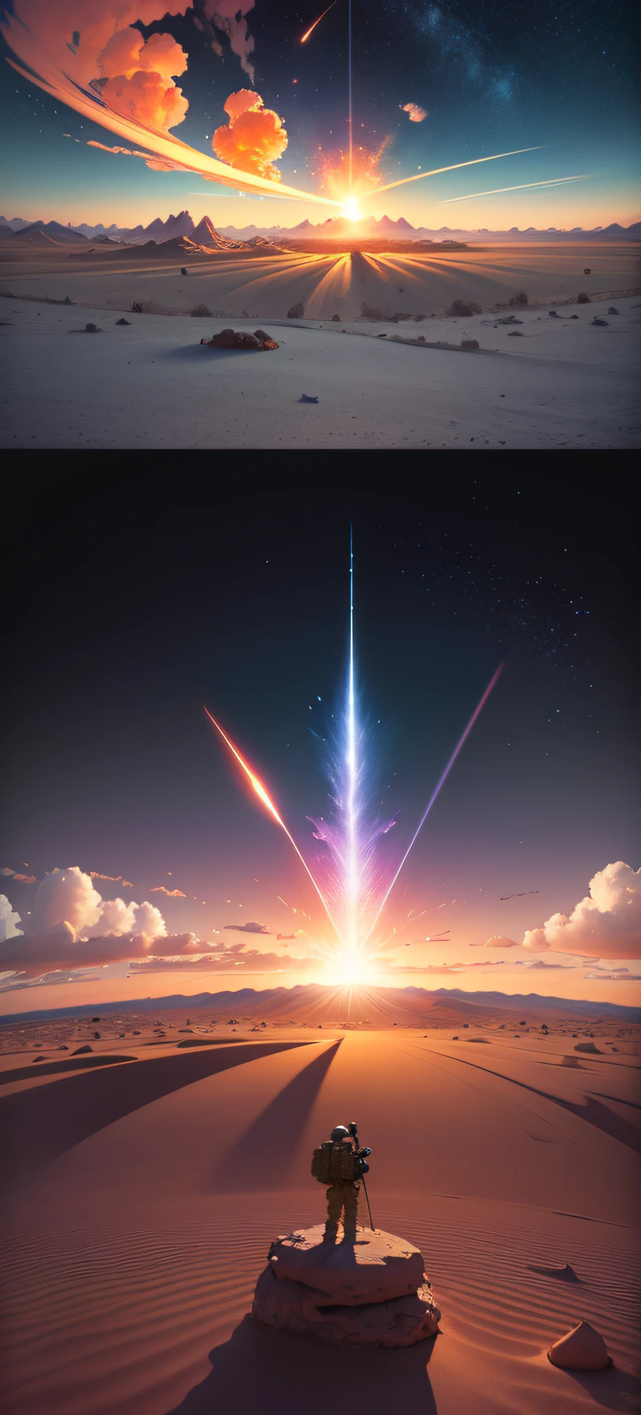 Altas Resoluciones, Ultra detallado, Create an image using a prism effect, Design of an image with fisheye lens effect, capturing a wide field of view with a distinctive curved perspective, Soldiers and scientists contemplate a mega explosion in the Nevada desert in the 50s