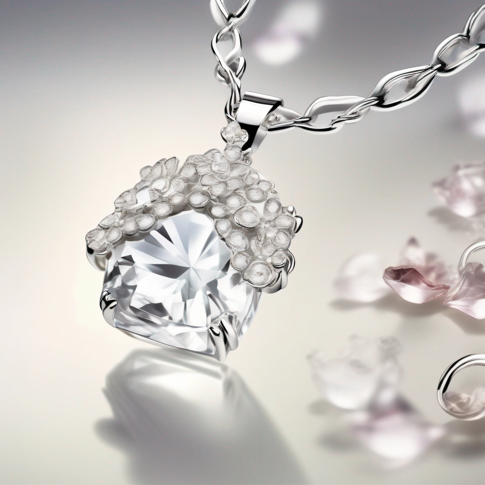Close-up of a jewelry necklace,, Super realistic, packaging lens, Delightful,, ultra realistic”, ultra realistic”, hyperrealistic”, ultra realistic”, perfume bottles, The most beautiful, beautiful daylight, Bouquet, Official product photo, three fourths view, hdr shot, new design ,Commercial Products