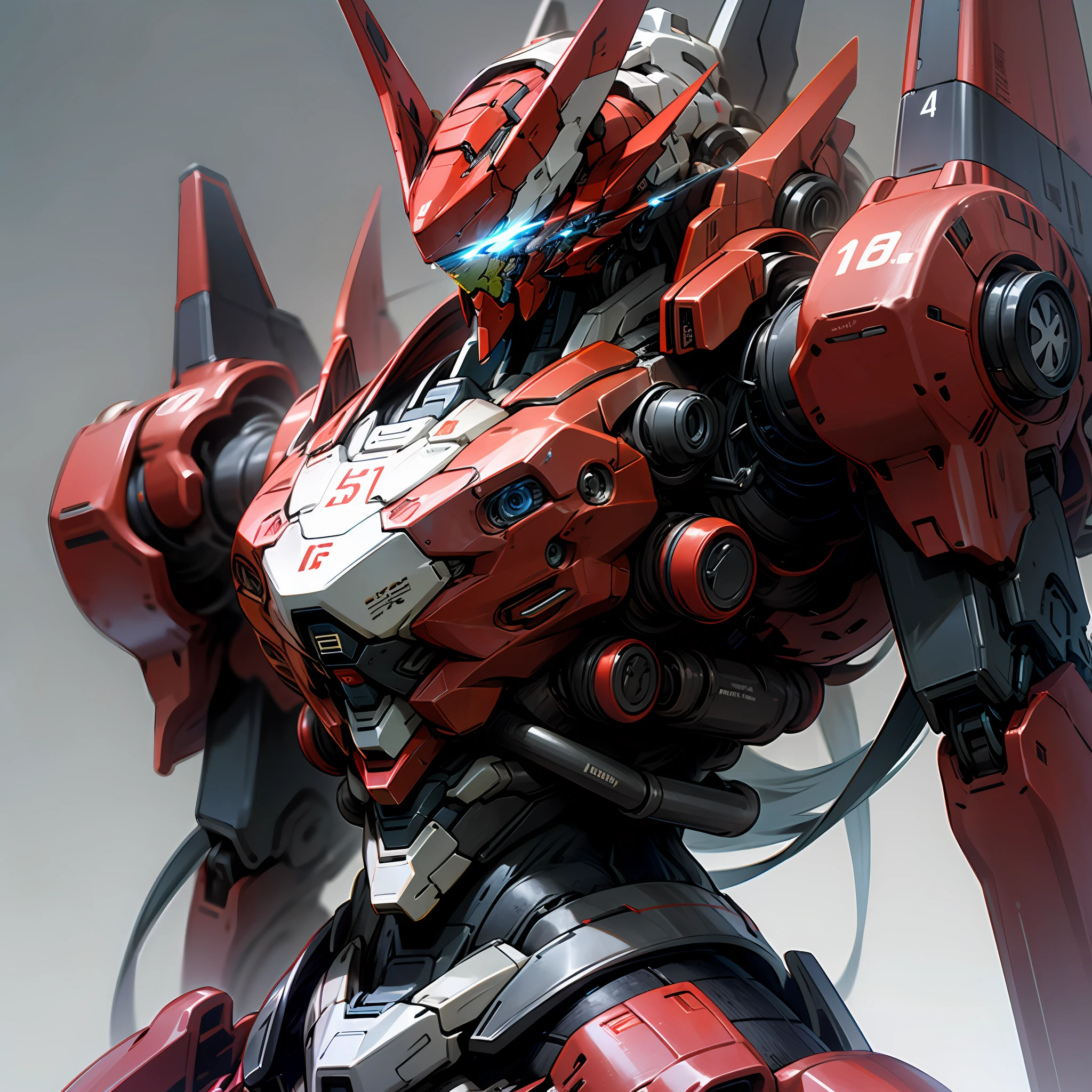 ((Mecha 1.5)) Standing, blue and red color scheme, close-up, 8K highest quality, blue eyes, glowing lines on the body, strong