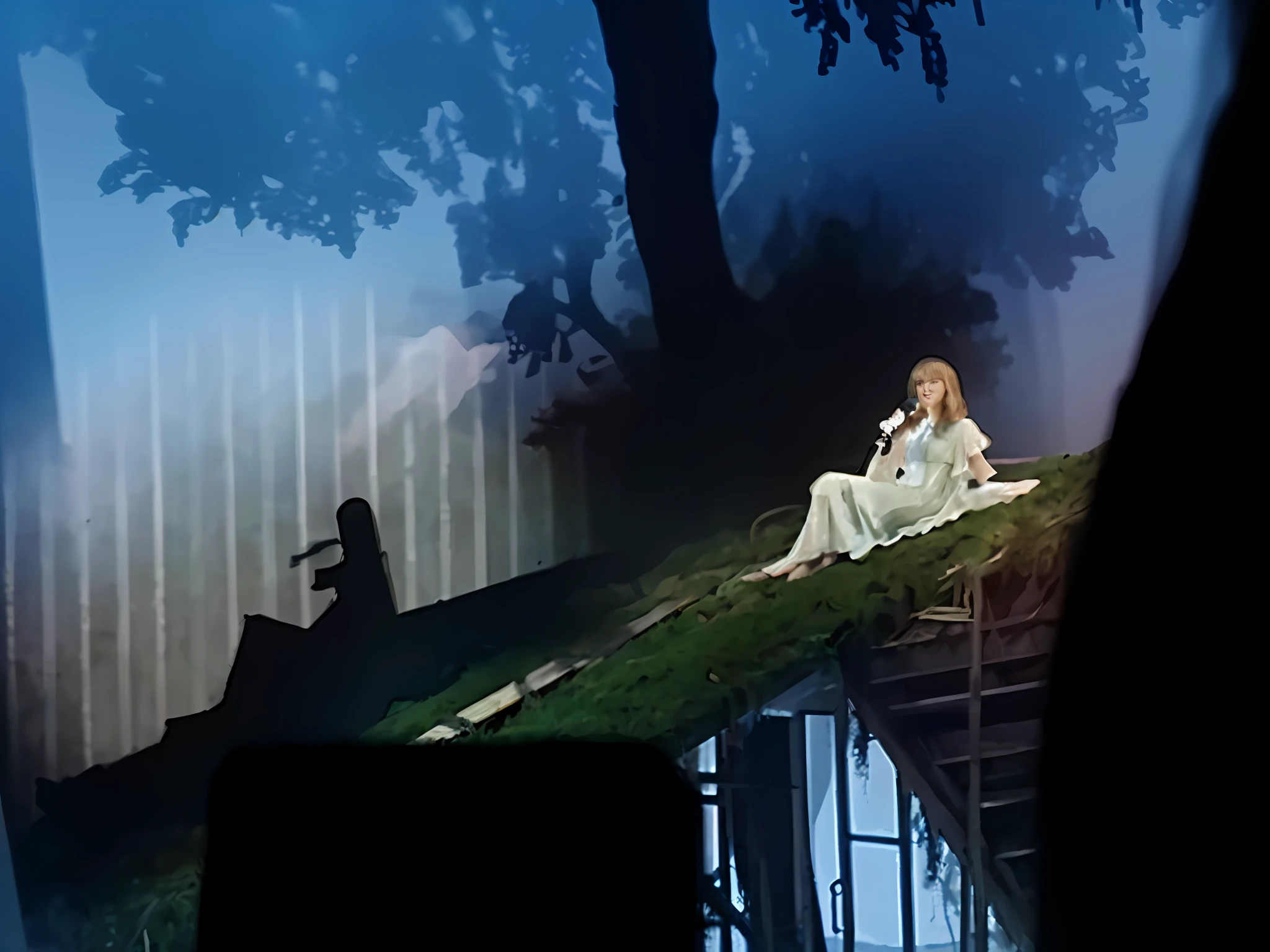 Taylor swift holding and singing into a microphone, laying on top of an abandoned dilapidated shack with moss, forest, landscape, wearing long flowing white dress, (Highly Detailed, HD), 8k, high res, dramatic lighting, sharp focus, depth of field, masterpiece, best quality, 3d, photorealistic, high quality textures