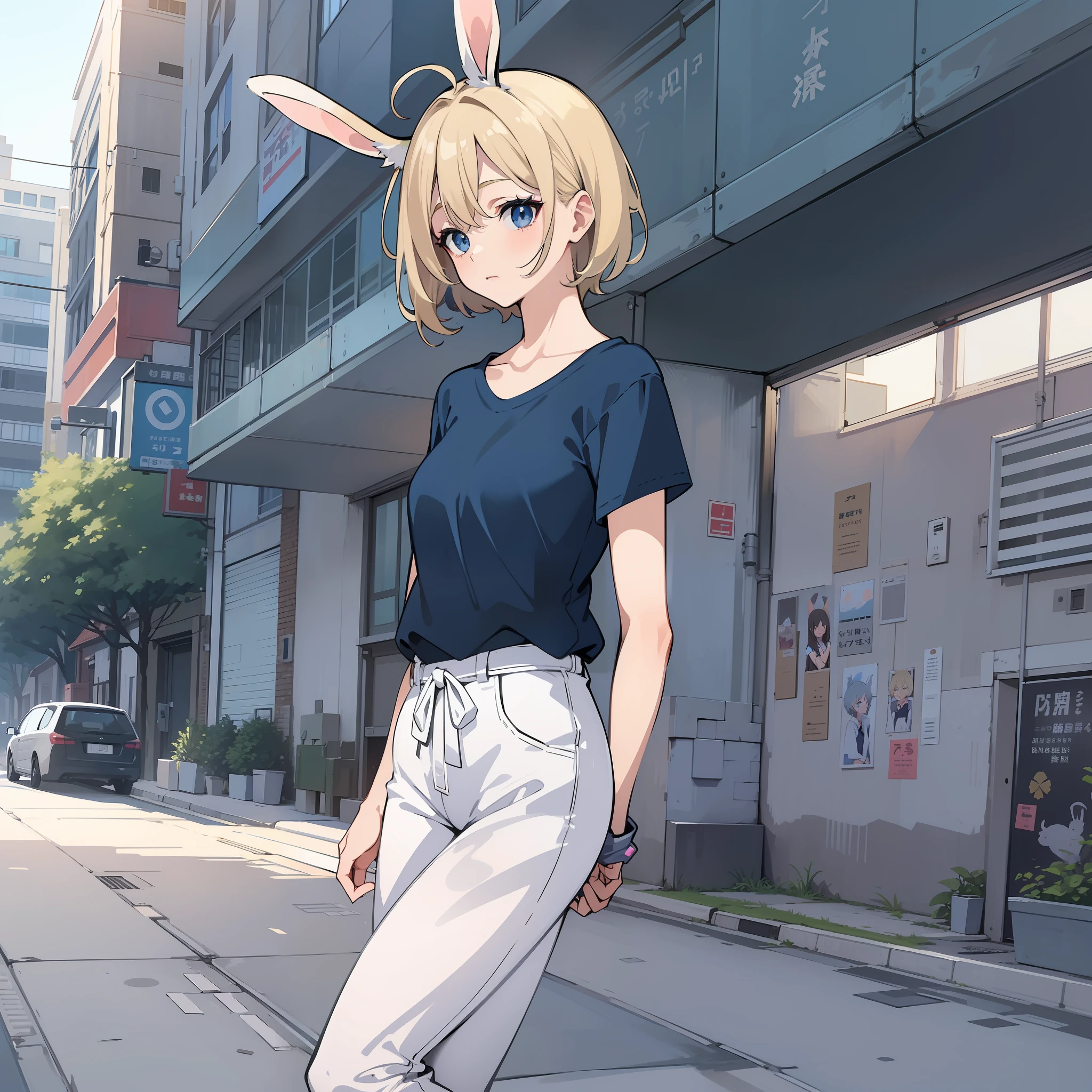 Become a woman。Female with rabbit ears。Blonde short-haired woman。Wearing a white T-shirt and dark blue pants、I'm on the street of the building。It is an anime-style illustration。Beautiful with the best image quality