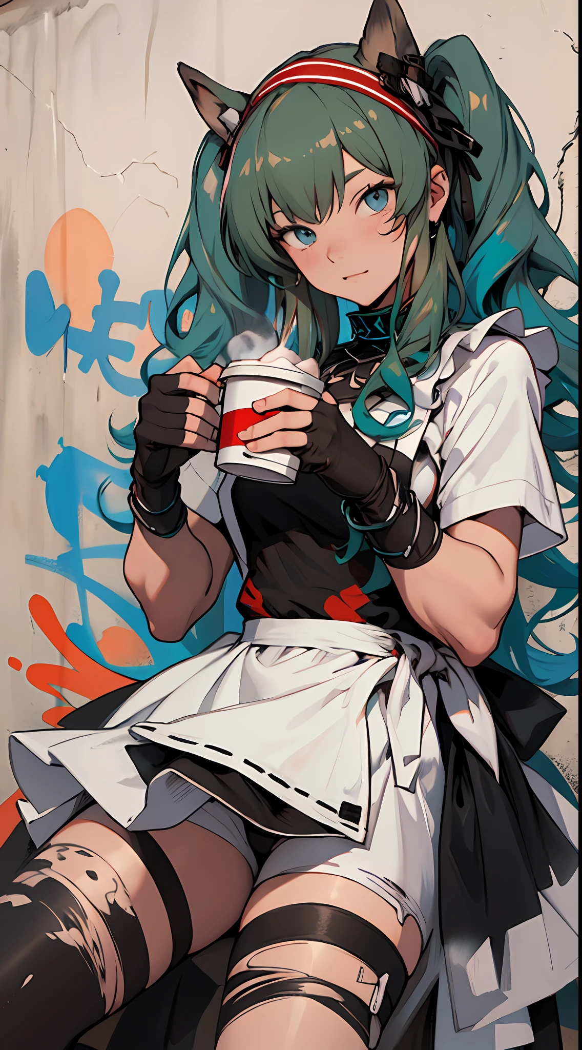 best qualtiy：2.0），（超高分辨率：2.0），Anime shoujo，Long curly blonde hair，blue color eyes，Dressed in a ****ta maid outfit，Coffee in hand，graffiti wall background，