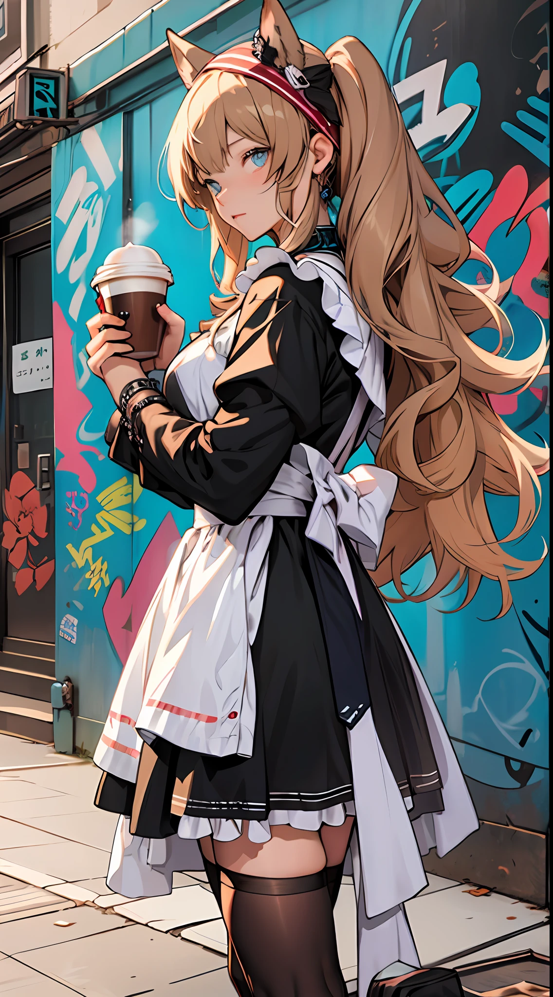 best qualtiy:2.0),(超高分辨率:2.0),Anime shoujo,Long curly blonde hair,blue color eyes,Dressed in a Lolita maid outfit,Coffee in hand,graffiti wall background,