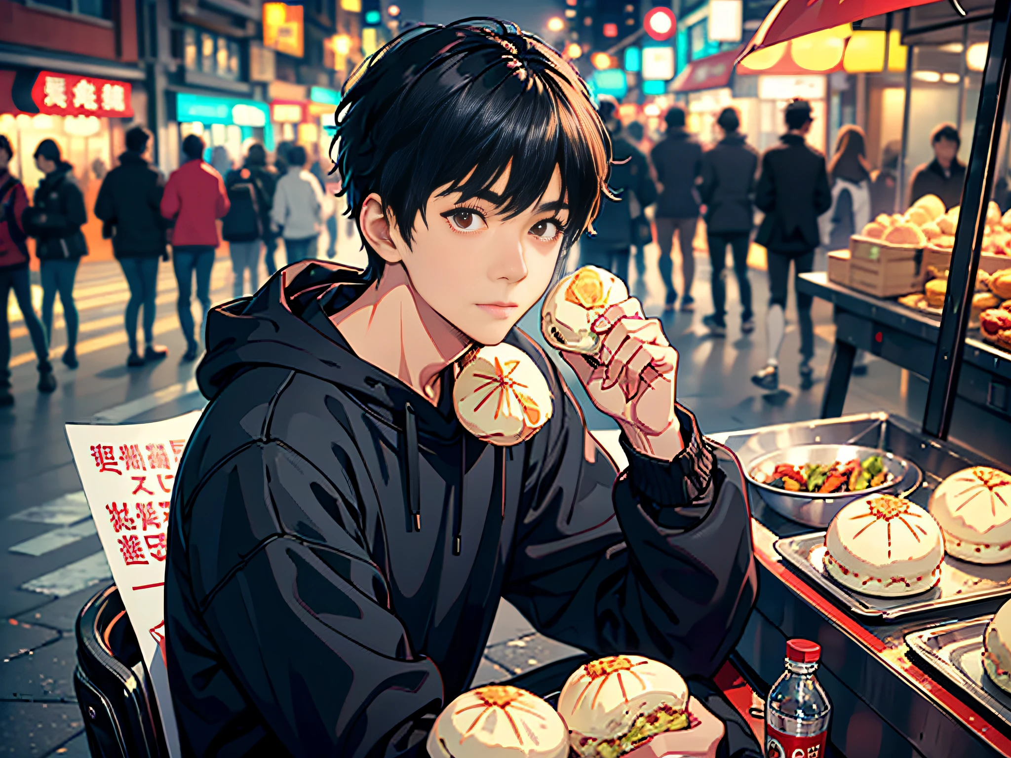A young man sitting at a street stall,Holding a cheap steamed bun in his hand,It is surrounded by busy streets and pedestrians。black color hair,Black sweatshirt,male people,with brown eye,Handsome,18yr old