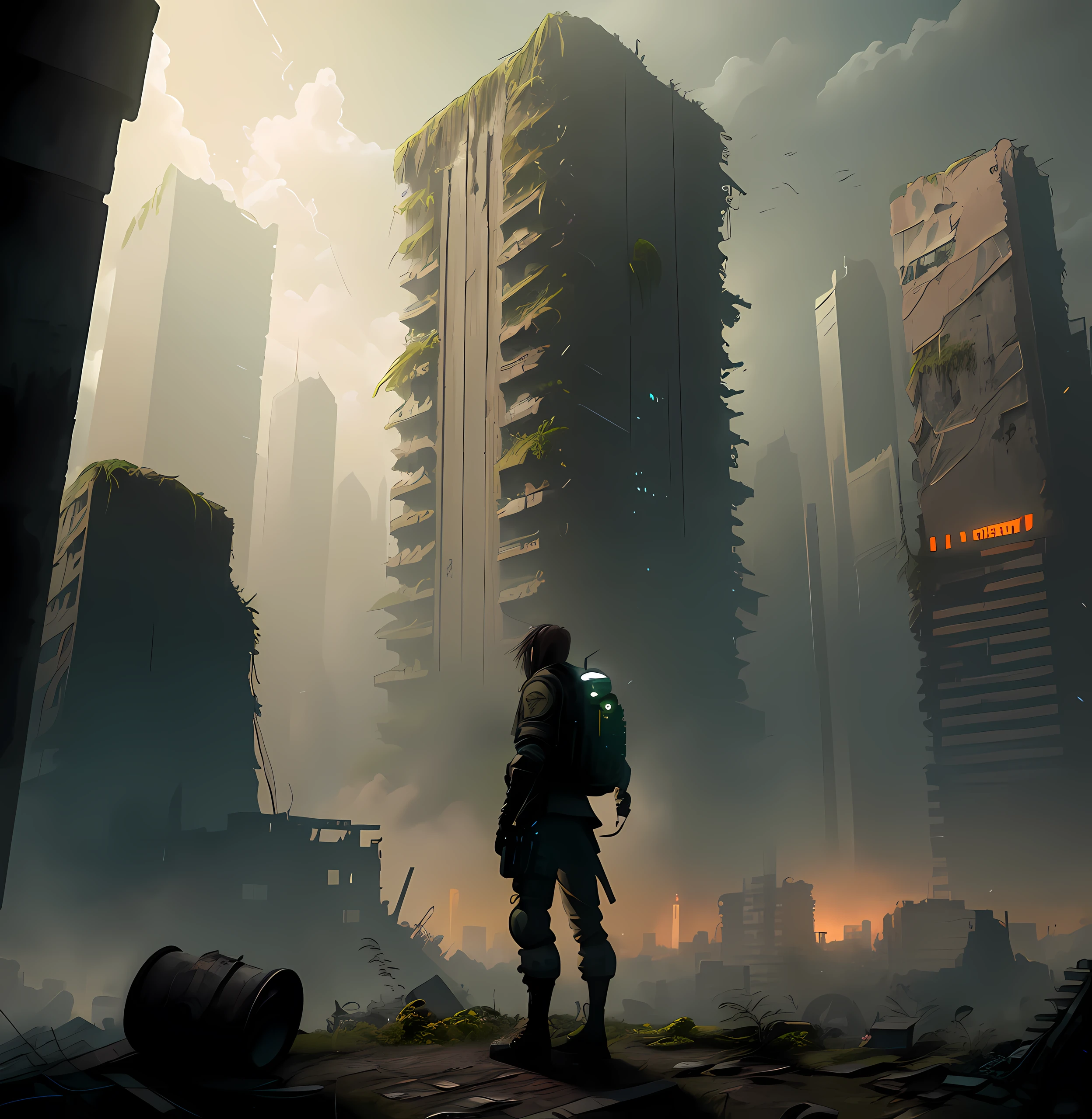 An ultra-detailed CG illustration of a lone survivor in a post-apocalyptic cyberpunk cityscape, standing in the center of the ruins overgrown with moss and plants, with a dynamic angle highlighting the destruction and abandonment of the city.