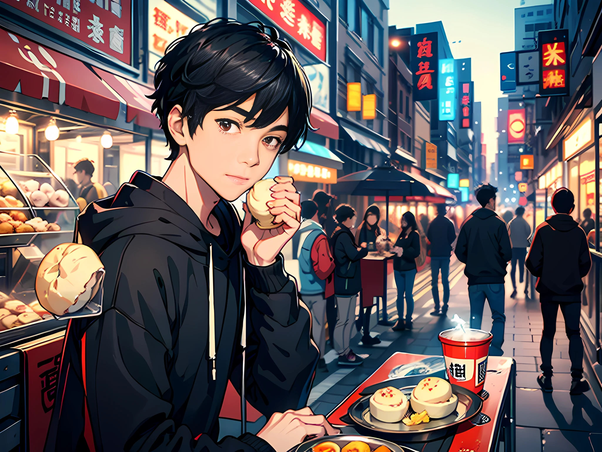 A young man sitting at a street stall,Holding a cheap steamed bun in his hand,It is surrounded by busy streets and pedestrians。black color hair,Black sweatshirt,male people,with brown eye,Handsome,18yr old