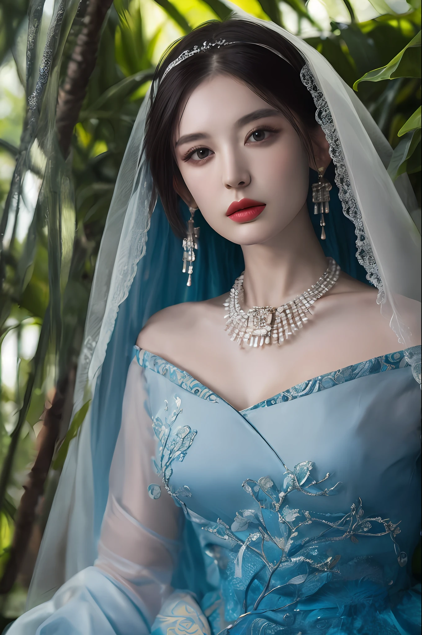 fashion photography portrait of woman avatar, 1girl in blue lush Alien Rainforest with flowers and birds, fantasy, octane render, hdr, Dolby Vision, (intricate details, hyperdetailed:1.2), (natural skin texture, hyperrealism, soft light:1.2), fluffy short hair, , sharp focus, night, necklace, Chinese mythology, cleavage, medium breasts, sci-fi headband, looking at viewer, best quality, perfect body,