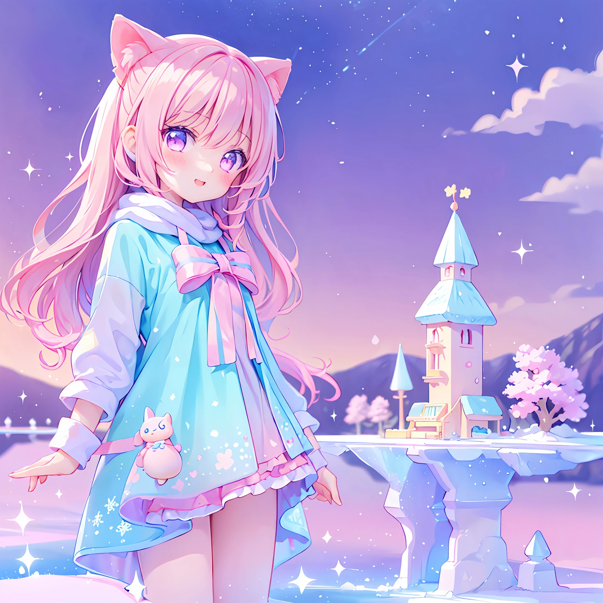 (chibi), idol, ice skating on the frozen lake, kawaiitech, kawaii, cute, pastel colors, best quality, happy,  deep background