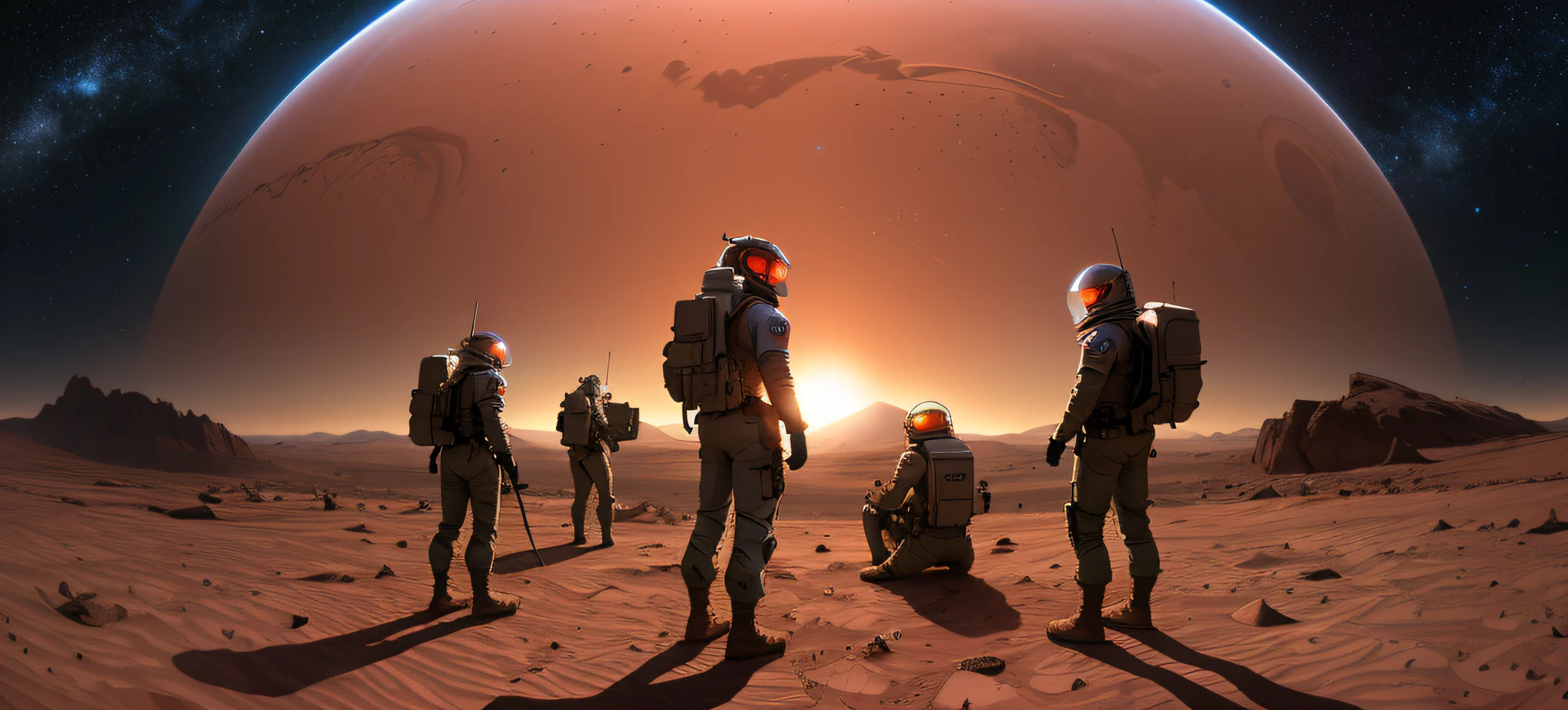 High Resolutions, Ultra Detailed, Creating an Image Using a Prism Effect, Designing an Image with a Fisheye Lens Effect, Capturing a Wide Field of View with a Distinctive Curved Perspective, from the surface of the planet mars Various Soldiers and Scientists Contemplate  to the stars in a dark martian sky