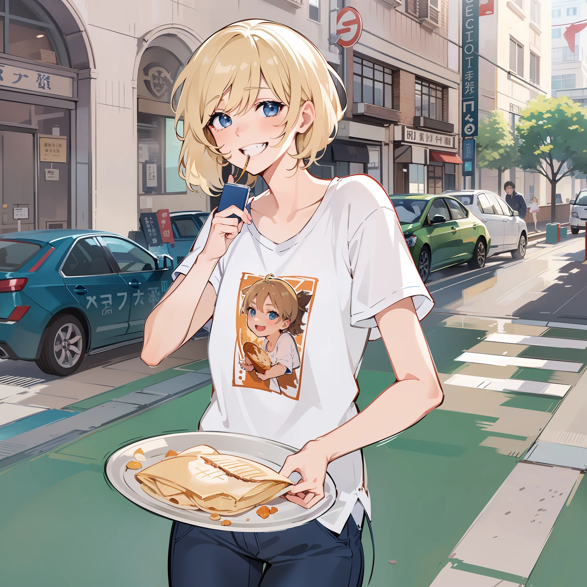 Become a woman。Blonde short-haired woman。Wearing a white T-shirt and dark blue pants、I'm on the street of the building。Eating crepes。The face is a smile。It is an anime-style illustration。Beautiful with the best image quality